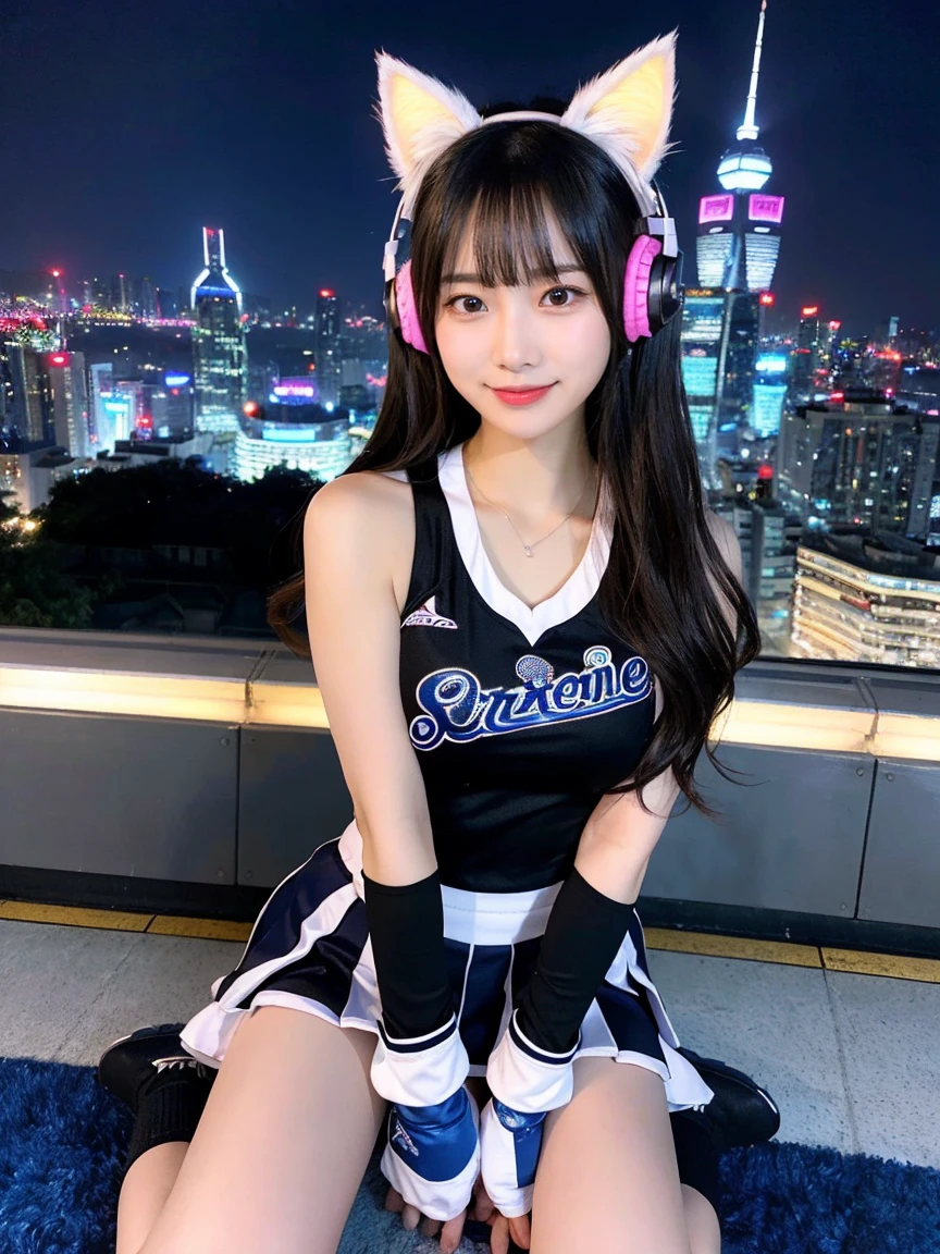 Full body photo、whole、最high quality, masterpiece, 32k、Very detailed、Realistic、4 girls, Random Face、Japanese women、Cute face, (photo Actual:1.3), Edge lighting, (Skin with attention to detail:1.2), 8k超High resolution, Single-lens reflex camera, high quality, High resolution, 4K, 8k, Optimal ratio of four fingers to one thumb, (Actual:1.3), smile、自然なsmile、Baseball Cheerleader Costumes(black、Light blue line design、Japanese professional baseball cheerleaders)、Cat ear headphones(ピンク色のネオンCat ear headphones)、cute 4 girls, Realistic、Super Realistic、32k、Very detailed、masterpiece, 最high quality, beautiful girl, beauty、 Mecha, Beautiful lighting, Sitting,Cyber Neon、Future City、Skyscraper、City Night、Shanghai、Big cities、Night view、綺麗なNight view