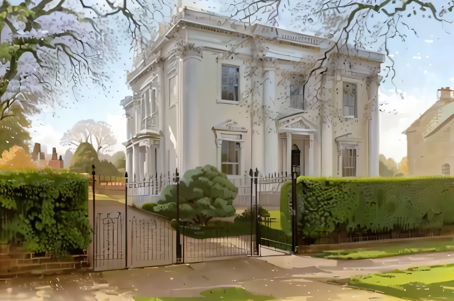 a close up of a fenced in area with a house and trees, neo - classical style, neo classical architecture, well-designed masterpiece, neoclassical architecture, by John Henderson, neoclassical style, delightful surroundings, 1811, more details, a stunning masterpiece, 1 8 2 4, 1824, by Steve Prescott, classical architecture