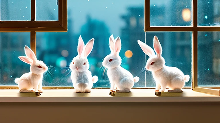 On the windowsill at night　Cute rabbit illustration　