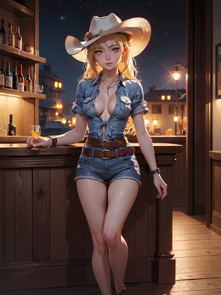 (((1 person:2.0))),(((Cowgirl Costume))),(((Low waist denim shorts))),(((Wear a western hat))),(((wear a leather belt))),(((He is wearing short sleeves, Plaid, front tie shirt.))),(((wearing a watch))),(((Showing cleavage))),(((Exposed thin inner thighs))),(((Small breasts:1.5))),(((Bare arms))),(((Her hair is blonde))),, Beautiful detailed girl, Very detailed目と顔, 緻密でBeautiful Eyes, Very detailed, High resolution, highest quality, masterpiece, Very detailed, 8k wallpaper, wonderful, finely, highest quality, The light shines on your face,,(Night Bar),Beautiful Eyes,Being drunk,Full Body Shot
