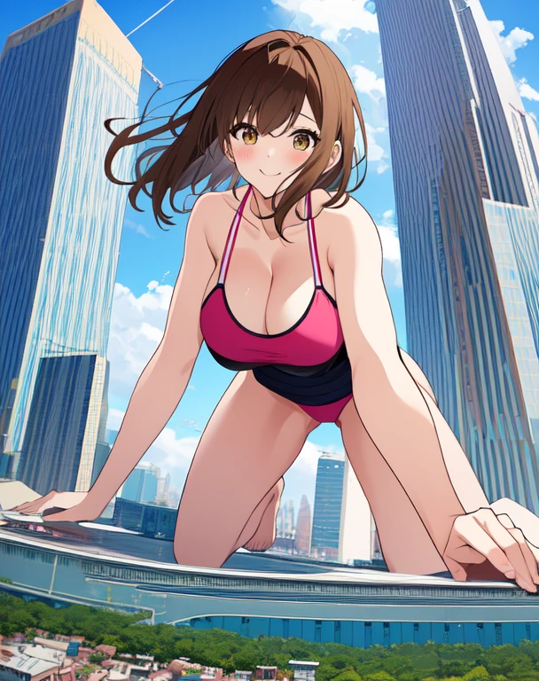 girl，Giant，Giant娘，Huge pussy，On all fours，Angle from below，Being outdoors，A huge city at your feet，周りで一番大きいのはgirl，どの建物よりもgirlが大きい，City Centre，Bigger than Bill，ビルがgirlのひざあたりまで，Brown Hair，short hair，Mischievous Smile，Big Breasts，Big Breasts，Swimwear，bikini，There is a narrowing，He also has abs.，Thighs，太いThighs，