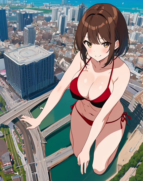 girl,Giant,Giant娘,Huge pussy,On all fours,Angle from below,Being outdoors,A huge city at your feet,周りで一番大きいのはgirl,どの建物よりもgirlが大きい,City Centre,Bigger than Bill,ビルがgirlのひざあたりまで,Brown Hair,short hair,Mischievous Smile,Big Breasts,Big Breasts,Swimwear,bikini,There is a narrowing,He also has abs.,Thighs,太いThighs,