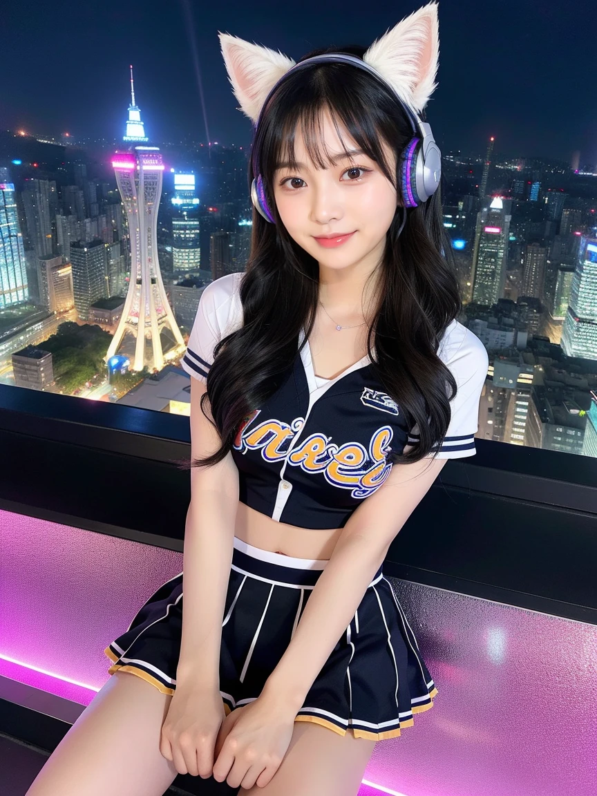 Full body photo、whole、最high quality, masterpiece, 32k、Very detailed、Realistic、4 girls, Random Face、Japanese women、Cute face, (photo Actual:1.3), Edge lighting, (Skin with attention to detail:1.2), 8k超High resolution, Single-lens reflex camera, high quality, High resolution, 4K, 8k, Optimal ratio of four fingers to one thumb, (Actual:1.3), smile、自然なsmile、Baseball Cheerleader Costumes(black、Light blue line design、Japanese professional baseball cheerleaders)、Cat ear headphones(ピンク色のネオンCat ear headphones)、cute 4 girls, Realistic、Super Realistic、32k、Very detailed、masterpiece, 最high quality, beautiful girl, beauty、 Mecha, Beautiful lighting, Sitting,Cyber Neon、Future City、Skyscraper、City Night、Shanghai、Big cities、Night view、綺麗なNight view