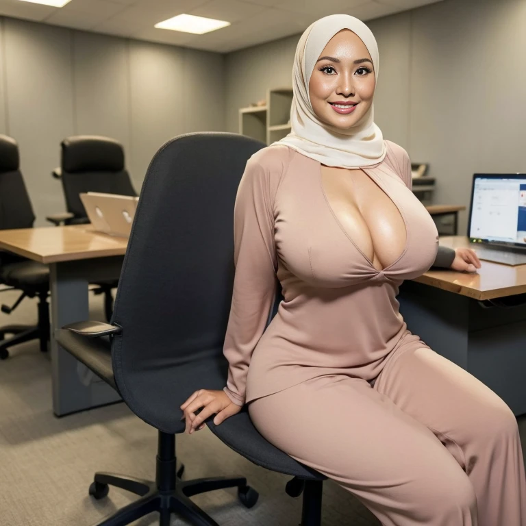 36 years Old, Hijab Indonesian Beautiful woman,
Nabila Razali Malaysia, Massive Gigantic Saggy Breast : 8, Tight Gamis, modest but tight attire accentuate body curves, Busty Body, Realistic Perfect Six Pack abs : 2.6, office secretary attire, smile seductively, bite lips seductively, sit on office chair, spread legs, Breast about To burst out from her clothes, high heels, at doctor office, Dark light, at Nighttime