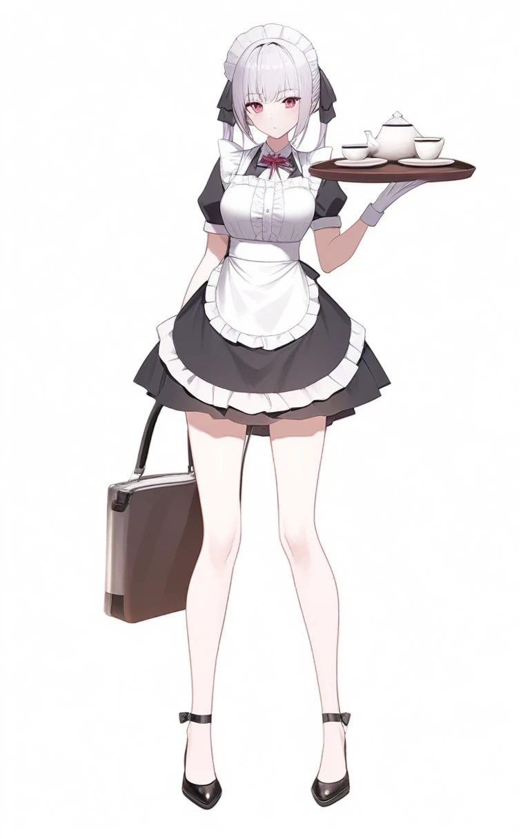 Adult succubus maid waitress large full body standing holding tray of tea white background