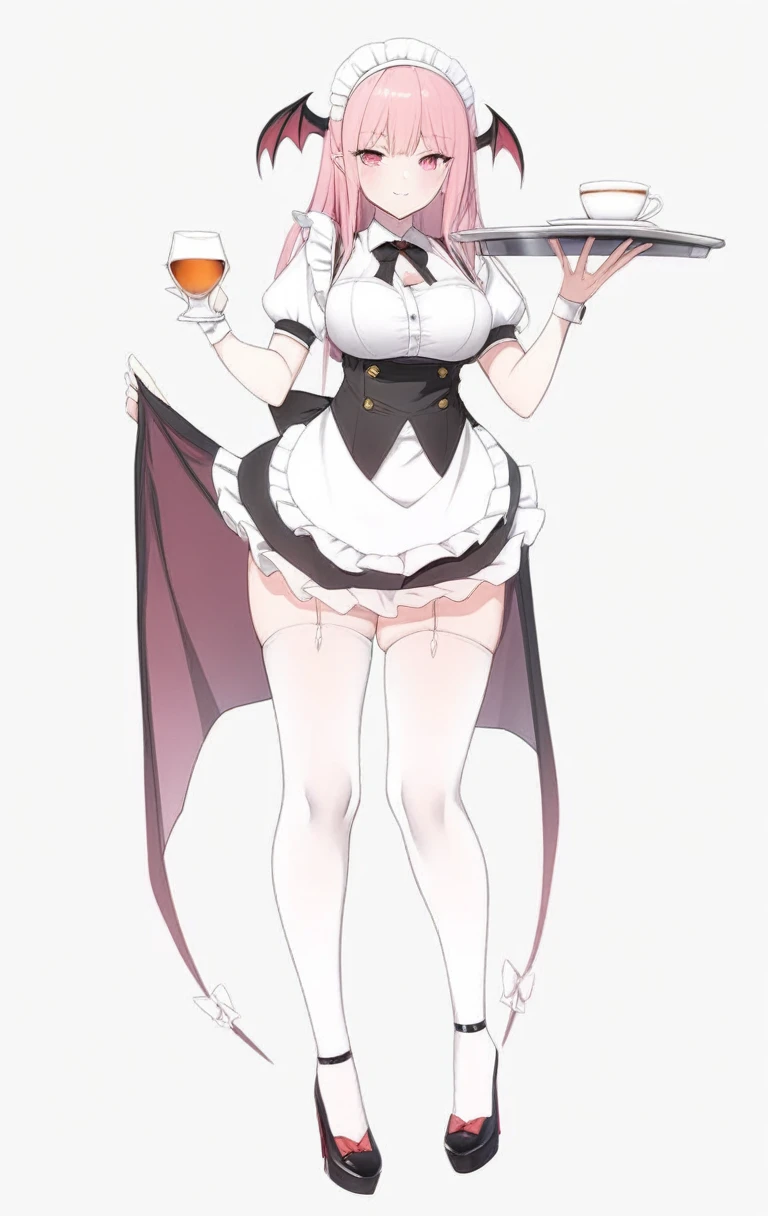 Adult succubus maid waitress large full body standing holding tray of tea white background