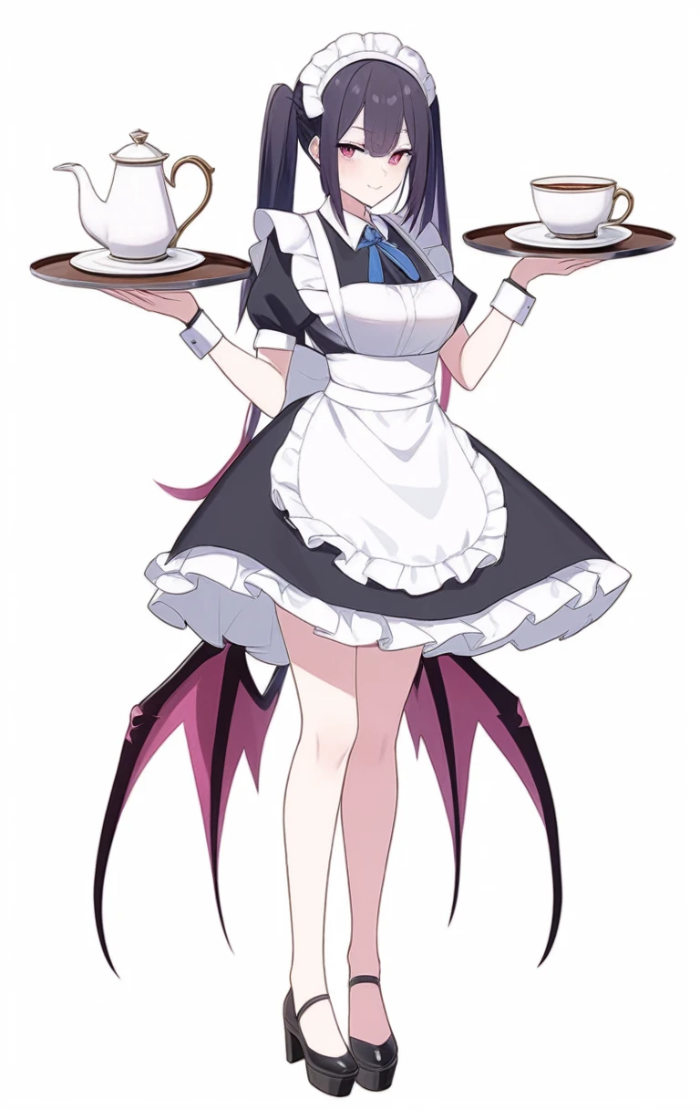 Adult succubus maid waitress large full body standing holding tray of tea white background