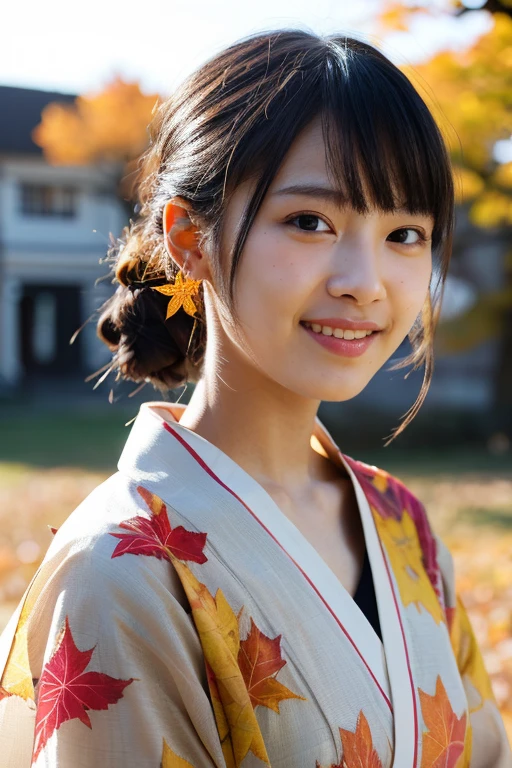 (Realistic:1.3), Rembrandt Lighting, (masterpiece:1.2), (photoRealistic:1.2), (highest quality), (Detailed skin:1.3), (Intricate details), Ray Tracing,One girl, Japanese Girls, 21 years old, Detailed skin texture, (blush:0.5), Scattered beneath the surface, smile, Updo, bangs, Hair between the eyes, hair ornaments, kimono, Floral print, Wearing edgJF_kimono, seiza (Bright sunny day, Autumn scenery, Autumn Tree々and leaves, (It was transparent:1.2)