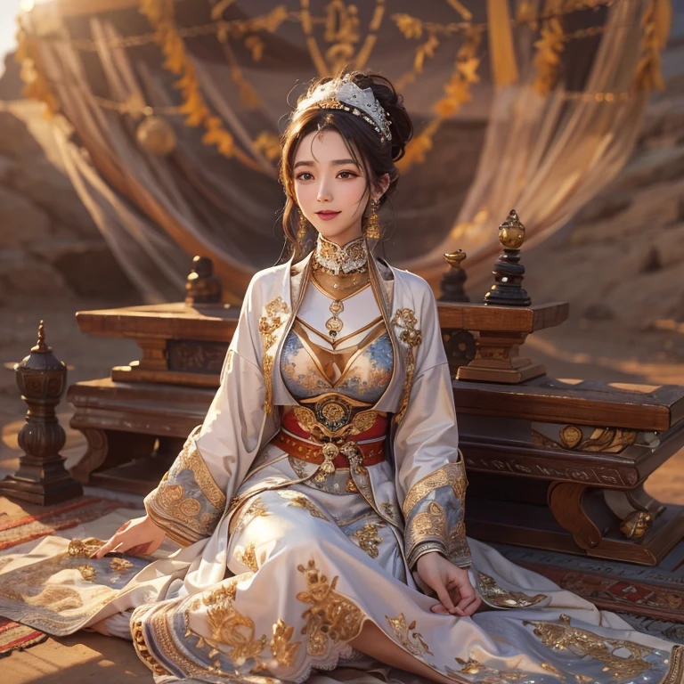 On the floating flying carpet in the desert 、Hair flows、 ((highest quality、masterpiece、8k、best image quality、ultra high resolution、Award-winning work)、(accurate anatomy:1.1)、(look at me and smile:1.1)、Shining fair skin with ultra high resolution、most detailed face、ultra high resolution detailed face、ultra high resolutionの髪の毛、(ultra high resolutionの煌めく瞳:1.1)、Beautiful face drawn in every detail、(blurred background:1.1)、ancient Islamic clothes, chest together, Long-distance photo