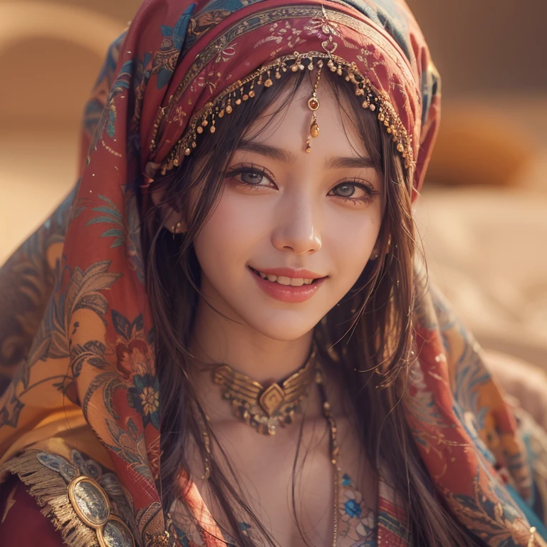 On the floating flying carpet in the desert 、Hair flows、 ((highest quality、masterpiece、8k、best image quality、ultra high resolution、Award-winning work)、(accurate anatomy:1.1)、(look at me and smile:1.1)、Shining fair skin with ultra high resolution、most detailed face、ultra high resolution detailed face、ultra high resolutionの髪の毛、(ultra high resolutionの煌めく瞳:1.1)、Beautiful face drawn in every detail、(blurred background:1.1)、ancient Islamic clothes, chest together, Long-distance photo