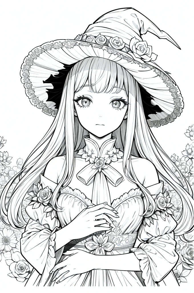 masterpiece, Superlative, Beautiful young witch, woman , only, Lovely Halloween , Flower line drawing background, White background, monochrome, draw line, ((Sketches)), scary, 白色的猫有White eyes, White eyes