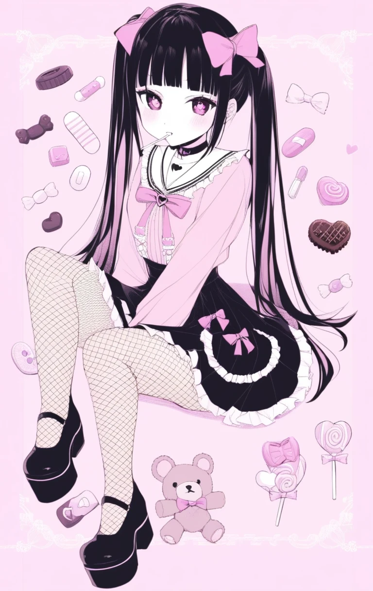 masterpiece, best quality, (jirai_kei),1girl, solo, long_hair, looking_at_viewer, shirt, black_hair, long_sleeves, bow, ribbon, twintails, sitting, monochrome, hair_bow, heart, pantyhose, frills, food, shoes, choker, blunt_bangs, black_skirt, pink_eyes, stuffed_toy, pink_background, stuffed_animal, frilled_skirt, pink_bow, (fishnets), candy, bandaid, pink_shirt, teddy_bear, lollipop, (fishnet_pantyhose), platform_footwear, pink_theme, pill, heart-shaped pupils,