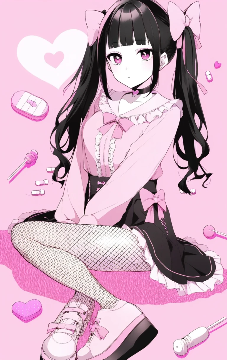 masterpiece, best quality, (jirai_kei),1girl, solo, long_hair, looking_at_viewer, shirt, black_hair, long_sleeves, bow, ribbon, twintails, sitting, monochrome, hair_bow, heart, pantyhose, frills, food, shoes, choker, blunt_bangs, black_skirt, pink_eyes, stuffed_toy, pink_background, stuffed_animal, frilled_skirt, pink_bow, (fishnets), candy, bandaid, pink_shirt, teddy_bear, lollipop, (fishnet_pantyhose), platform_footwear, pink_theme, pill, heart-shaped pupils,