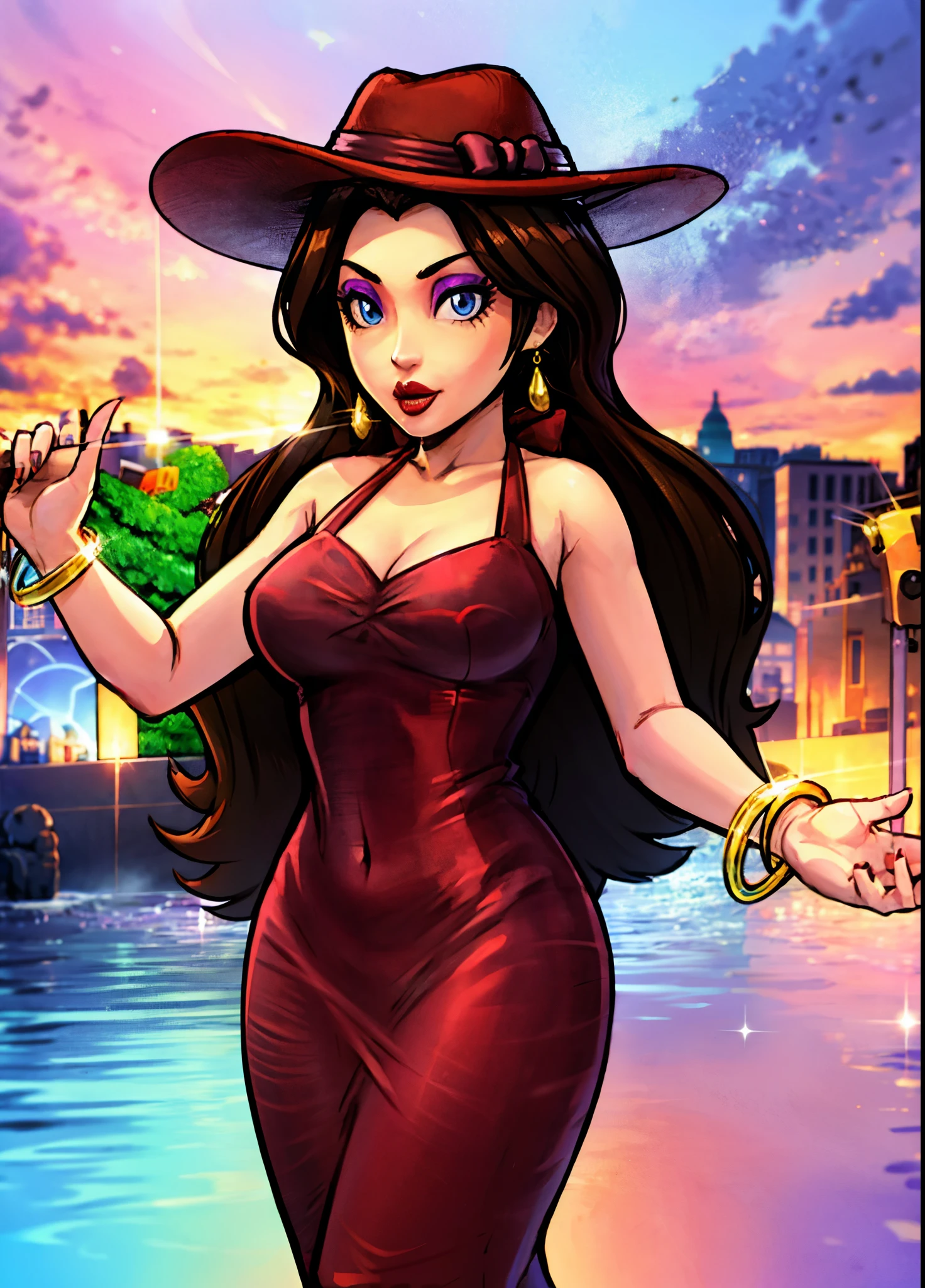 GAME_pauline_mario_ownwaifu, www.ownwaifu.com, long hair,blue eyes,brown hair,lipstick,breasts,nail polish,red lips,eyeshadow,large breasts,lips,makeup,eyelashes, eyeshadow,purple_eyeshadow,thick lips, hoop earrings, jewelry,earrings,hat,dress,red dress,bracelet,cleavage,bangle,red headwear,long dress,