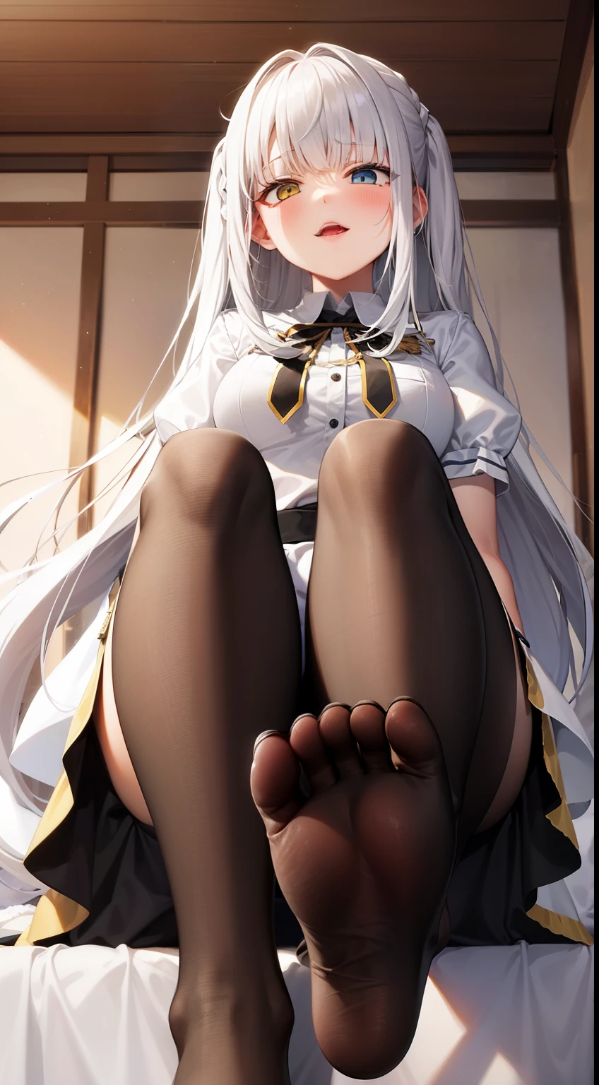 1 Girl,Kagura Mia ,white hair,Heterochromia,Half closed eyes,(Giddenmei 1.5),short sleeve dress,Shawl coat,military uniform,Puff sleeves,Cloth bag,Gloves,White pantyhose,braid,Sitting on the bed,2legs,Legs Focus,From below,Foot display,trampling,The soles of the feet face the audience,Arrogant,play,Sexual suggestion,See the soles of your feet,Tempting,Feet that make people want to lick,foot fetish,Stretch out one foot,sexual attraction,Lure