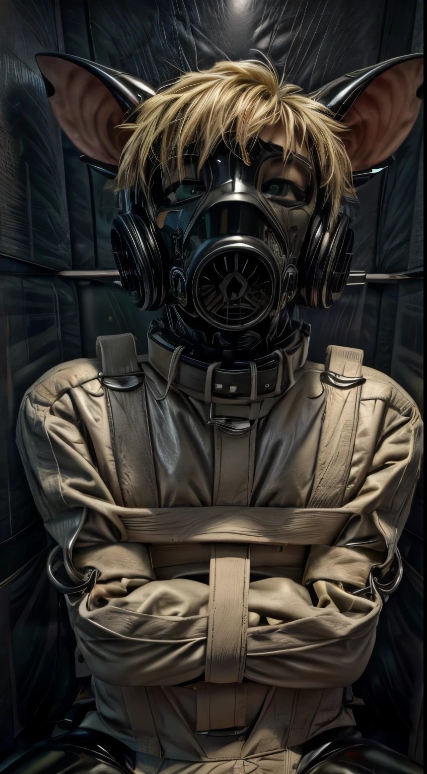 Solo, furry, tan furred vampire bat with green eyes and short blonde hair that covers over the right eye, latex, rubber, tan fur, black latex suit, (straitjacket), (in extreme pain), padded room, looking at viewer, sweating, (detailed eyes, white sclera, ultra detailed eyes), extreme close up, gas mask, octopus attacking the face, (strapped to gurney, laying on medical gurney)