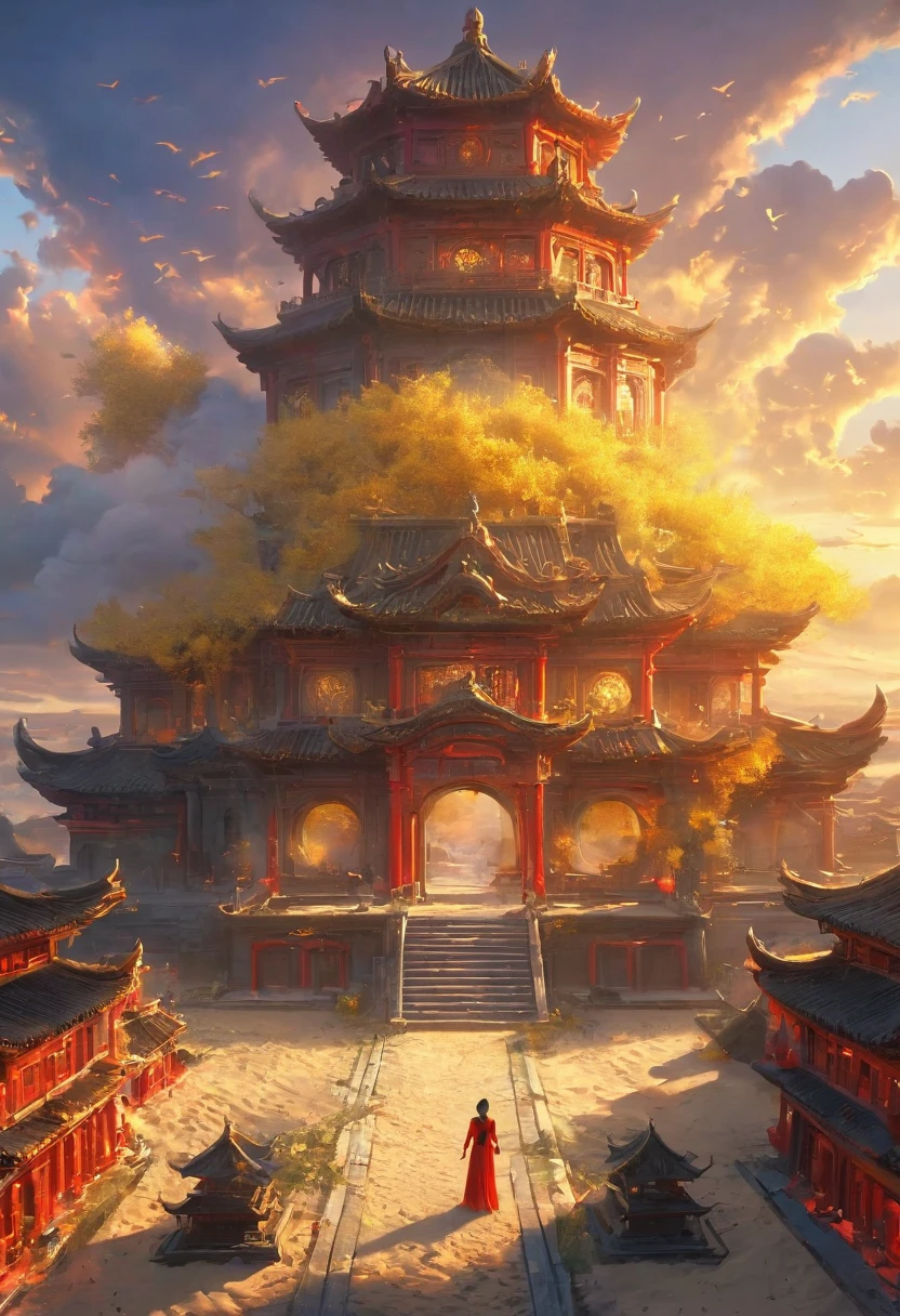 A woman wearing red makeup stands on the roof，Gazing at the skyline in the distance，The sunset and the ancient capital complement each other，楼兰Ancient City，sunset yellow sand，cloud，Falling Flowers，Ancient City，Wild geese