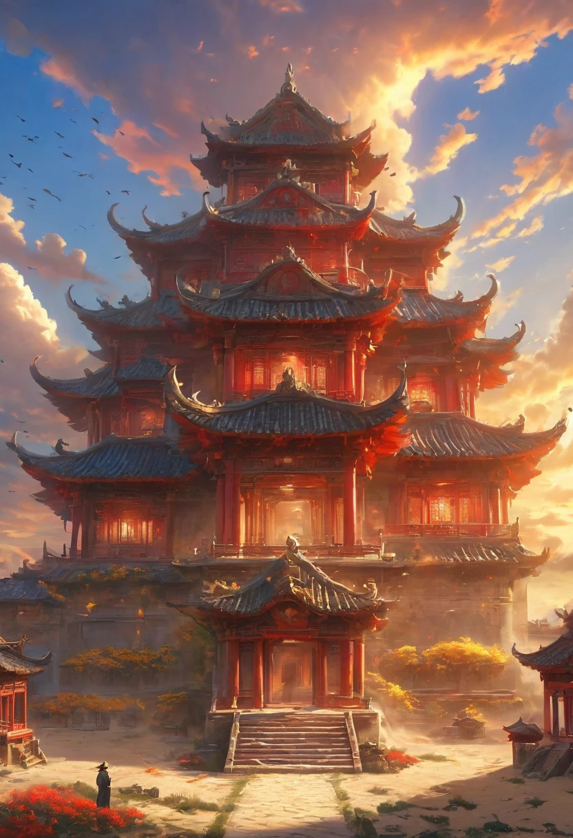 A woman wearing red makeup stands on the roof，Gazing at the skyline in the distance，The sunset and the ancient capital complement each other，楼兰Ancient City，sunset yellow sand，cloud，Falling Flowers，Ancient City，Wild geese