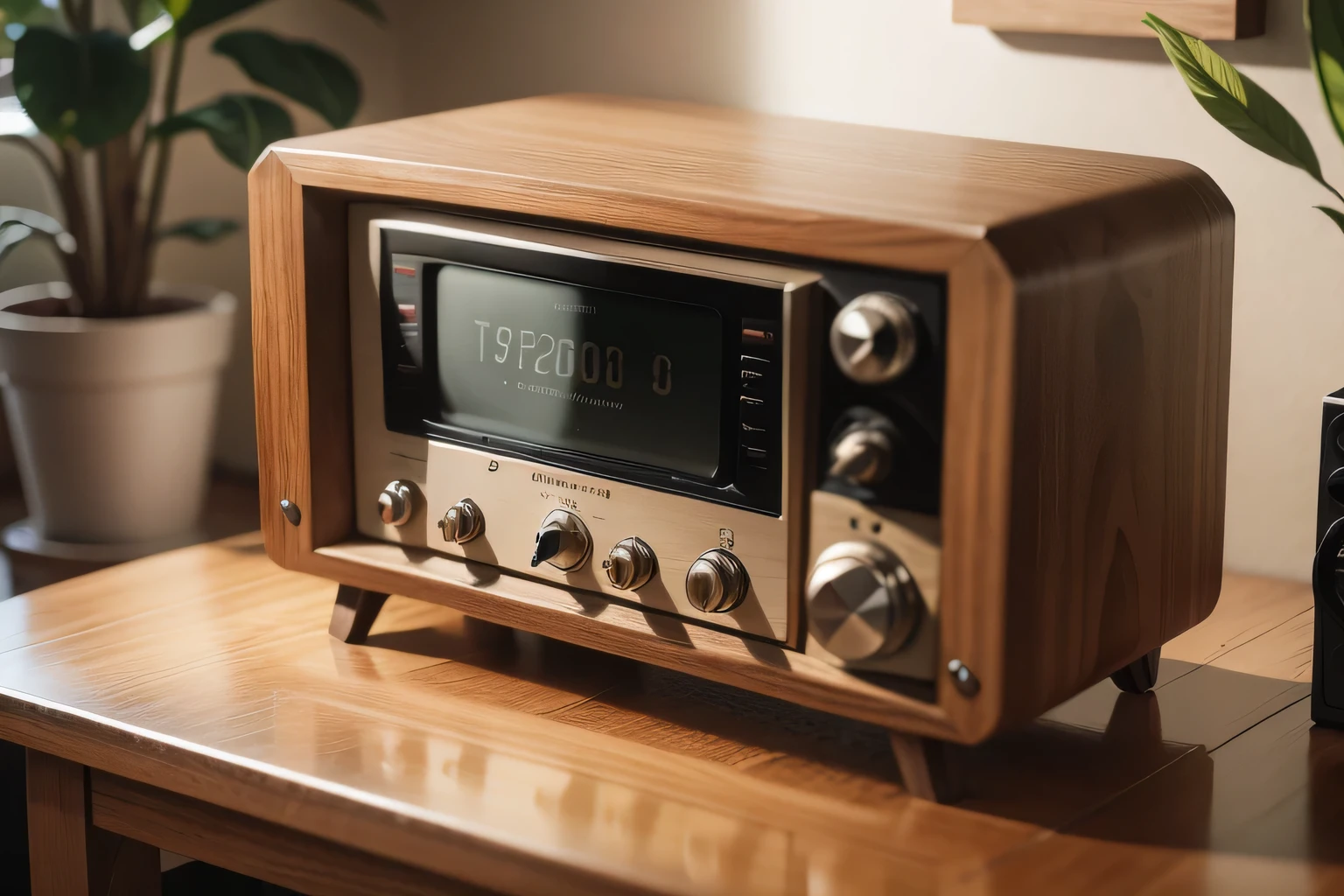 Analog radio placed on a wooden table, pot,Small details, 500px,8k,