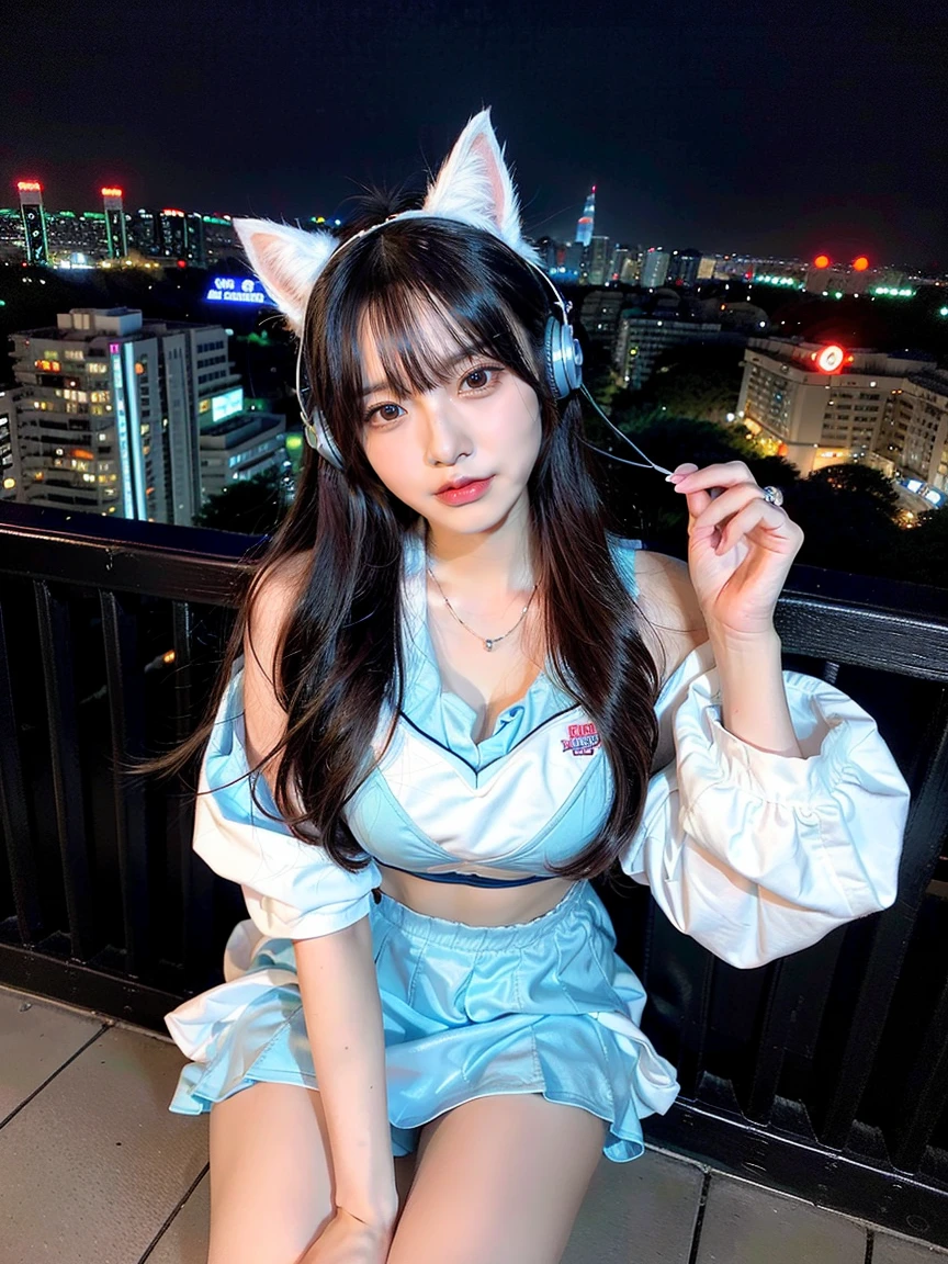 4 girls, Full body photo、whole、最high quality, masterpiece, 32k、Very detailed、Realistic、Random Face、Japanese women、Cute face, (photo Actual:1.3), Edge lighting, (Skin with attention to detail:1.2), 8k超High resolution, Single-lens reflex camera, high quality, High resolution, 4K, 8k, Optimal ratio of four fingers to one thumb, (Actual:1.3), smile、自然なsmile、Baseball Cheerleader Costumes(black、Light blue line design、Japanese professional baseball cheerleaders)、Cat ear headphones(ピンク色のネオンCat ear headphones)、There are four cute girls., Realistic、Super Realistic、32k、Very detailed、masterpiece, 最high quality, beautiful girl, beauty、 Mecha, Beautiful lighting, Sitting,Cyber Neon、Future City、Skyscraper、City Night、Shanghai、Big cities、Night view、綺麗なNight view