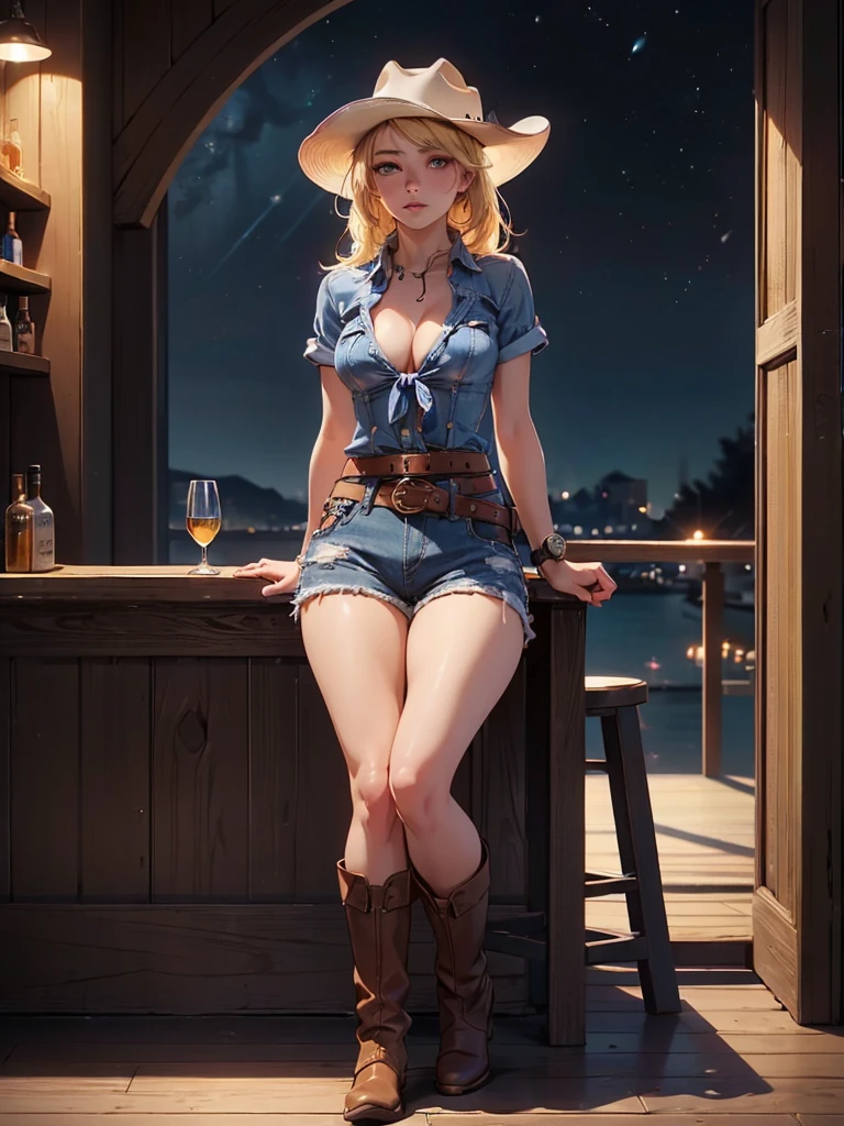 (((1 person:2.0))),(((Cowgirl Costume))),(((Low waist denim shorts))),(((Wear a western hat))),(((wear a leather belt))),(((He is wearing short sleeves, Plaid, front tie shirt.))),(((wearing a watch))),(((short boots))),(((Showing cleavage))),(((Exposed thin inner thighs))),(((Small breasts:1.5))),(((Bare arms))),(((Her hair is blonde))),, Beautiful detailed girl, Very detailed目と顔, 緻密でBeautiful Eyes, Very detailed, High resolution, highest quality, masterpiece, Very detailed, 8k wallpaper, wonderful, finely, highest quality, The light shines on your face,,(Night Bar),Beautiful Eyes,Being drunk,Full Body Shot