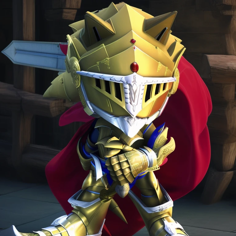  High quality, nonblurry, Ultra HD, HDR, 8K, solo, (fully clothed, masterpiece, photorealistic, good shading, studio quality), (Excalibur Sonic, golden armor, helmet, holding sword, red cape), best_quality, perfect quality, cinematic lighting, highest quality, intricate details