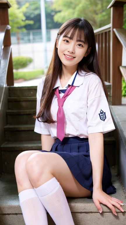cute girl in uniform sitting on the stairs, 超Realistic school girl, 超Realistic school girl, Strike a Pose, Realistic school girl, cute , Wearing a Japanese uniform, Japanese , Wearing a skirt and knee-high socks,hdri, Japanese Girls , Shy and looking down, seifuku、Big eyes、自然な優しいsmile、Slightly droopy eyes、Fair skin、Thin face、A gentle Japanese look、shining pink lips、Clear Skin、Very stylish、Beautiful girl in short socks、Hide your mouth with one hand、Sitting on the stairs, White high leg fullback、Hair fluttering in the wind、smile