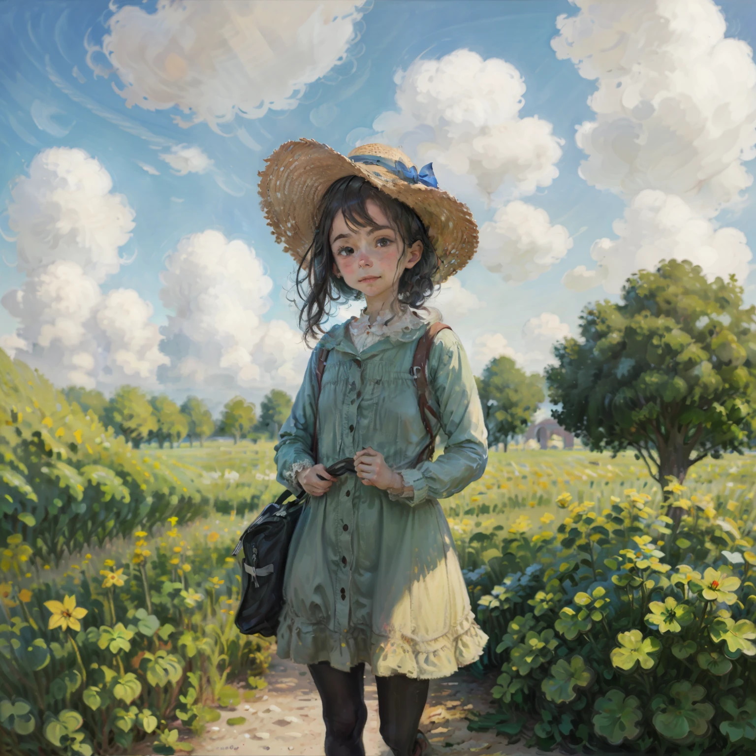 1 girl in the field,close up,outdoor,Monet V1,Scenes,Blue sky,