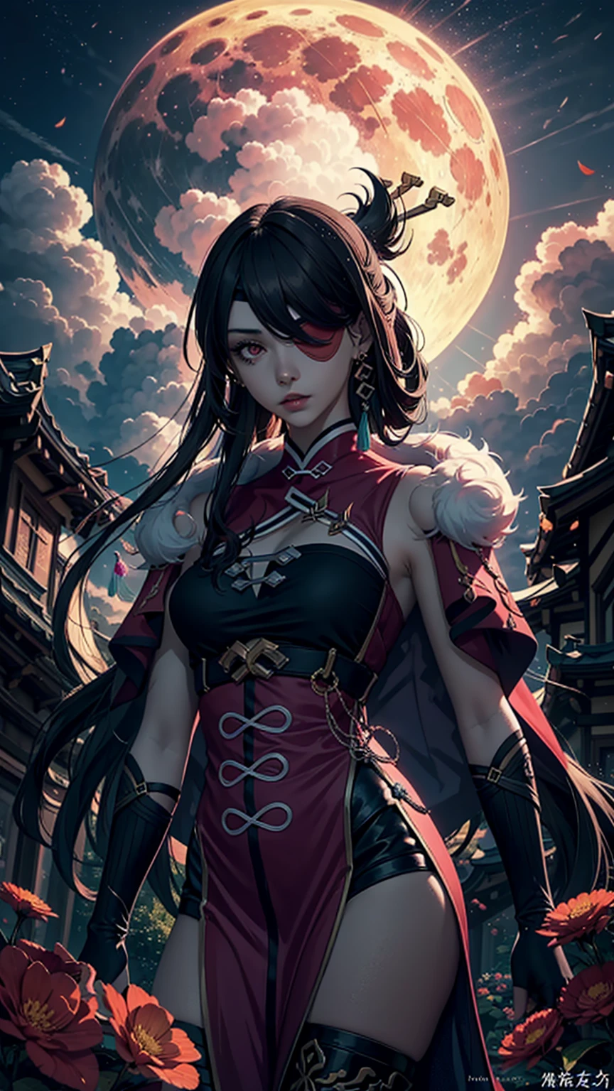 "((fantasy art)) featuring an alien girl, immersed in a heavenly symphony, clouds turn into bright splashes, flowers are scattered, like notes in the wind, visual orchestration of color and wonder" night , full moon on Thursday, Best quality,  black hair,hairpin,long hair,Red eyes,eye patch, earrings, Hanfu,chinese clothes,