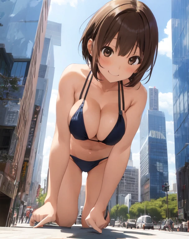 girl，Giant，Giant娘，Huge pussy，On all fours，Angle from below，Being outdoors，A huge city at your feet，周りで一番大きいのはgirl，どの建物よりもgirlが大きい，City Centre，Bigger than Bill，ビルがgirlのひざあたりまで，Brown Hair，short hair，Mischievous Smile，Big Breasts，Big Breasts，Swimwear，bikini，There is a narrowing，He also has abs.，Thighs，太いThighs，