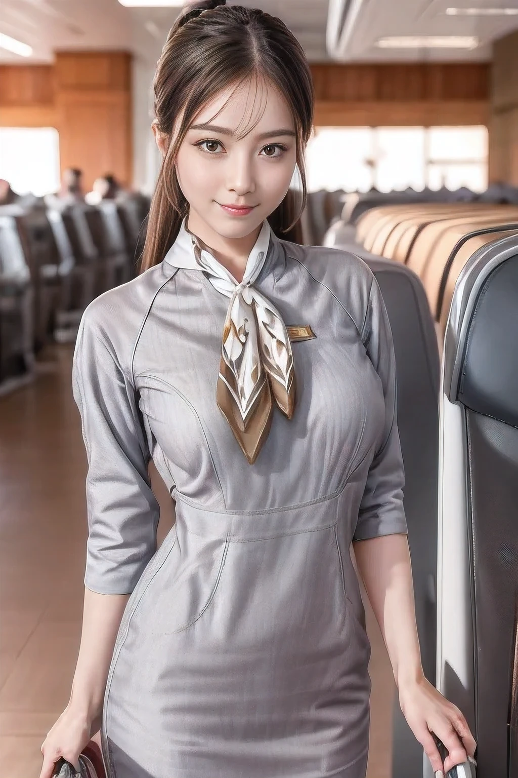 (masterpiece:1.2、highest quality:1.2)、32K HDR、High resolution、(alone、1 girl、Slim figure)、（Realistic style with Starlux Airlines uniform）、 (In the airport lounge, Professional Lighting)、（Starlux Airlines silver uniform:1.4）、（Starlux Airlines silver uniform with short sleeves）、（scarf on chest）、Big Breasts、（Long hair updo、Evening updo）、Dark brown hair、Long Shot、（（Fine hand：2.0））、（（Harmonious body proportions：1.5））、（（Normal limbs：2.0））、（（Normal finger：2.0））、（（Delicate eyes：2.0））、（（Normal eyes：2.0））)、Beautiful standing posture