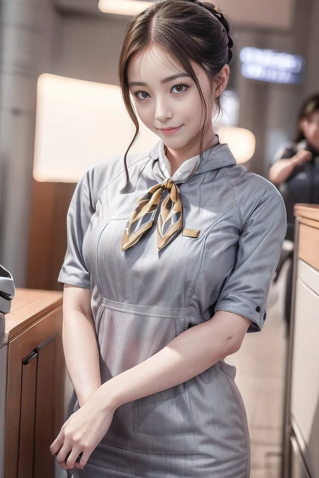 (masterpiece:1.2、highest quality:1.2)、32K HDR、High resolution、(alone、1 girl、Slim figure)、（Realistic style with Starlux Airlines uniform）、 (In the airport lounge, Professional Lighting)、（Starlux Airlines silver uniform:1.4）、（Starlux Airlines silver uniform with short sleeves）、（scarf on chest）、Big Breasts、（Long hair updo、Evening updo）、Dark brown hair、Long Shot、（（Fine hand：2.0））、（（Harmonious body proportions：1.5））、（（Normal limbs：2.0））、（（Normal finger：2.0））、（（Delicate eyes：2.0））、（（Normal eyes：2.0））)、Beautiful standing posture