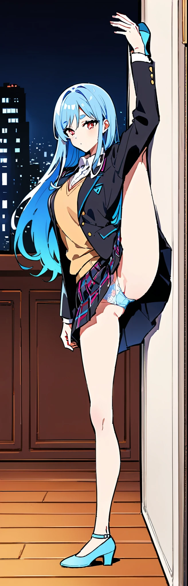 Are standing(masterpiece, highest quality:1.2), 1people, 一peopleで,Are standing_Split, , Long Hair，black无袖短背心，Pink Skirt，black((Skirt flip))Roll up your skirt　mix、distribution、多くのpeople々々、expose the madness、saw、people々Spend time surrounded by、　Location: Yamanote Line long seat at night　 窓の外の景色はpeople混み,　blazer,Open clothes,Collared shirt,Sweater vest, Checkered pleated mini skirt, blackい靴下, Are standing, ,Light blue pants、Lace Underwear((Light blue lace panties))、Light blue panties、