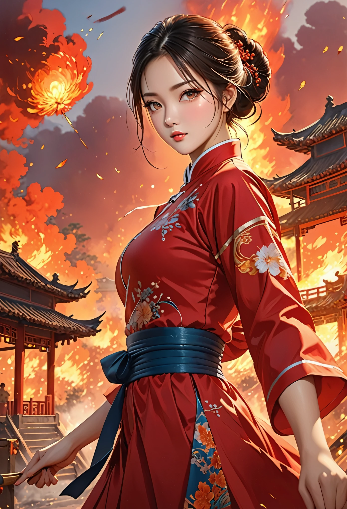 ((highest quality)),(Ultra-high resolution),(Very detailed),(Detailed Description),((The best CG)),(A masterpiece),Ultra-detailed art,Amazing drawing art,(Chinese-style art with exquisite details:1.5), (A woman wearing a Chinese dress:1.6), red, Big Breasts,