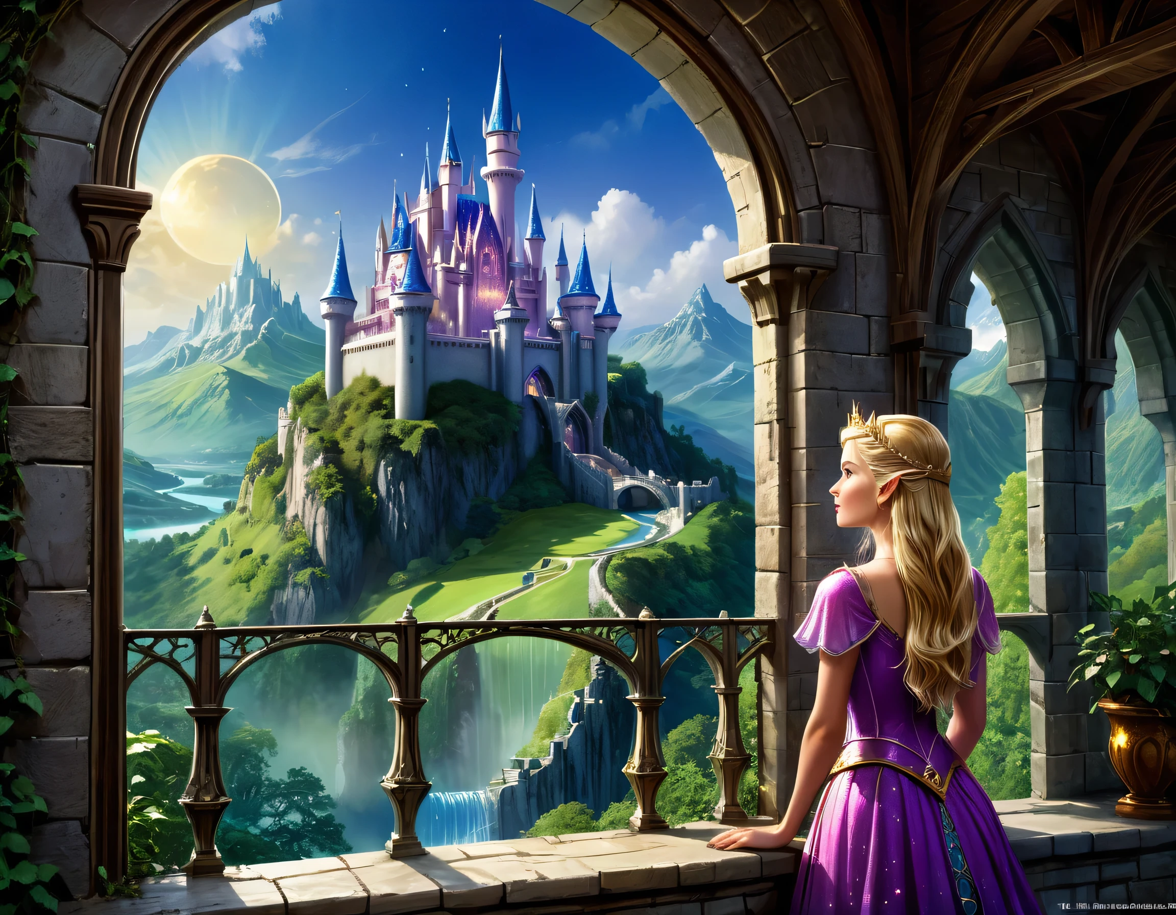 fantasy art, RPG art, a princess looking through her window at a magical castle, a beautiful elven princess looking through her window to see a magical castle, an impressive best detailed castle, with towers, bridges, a moat, standing on top of a mountain colouredglazecd_xl