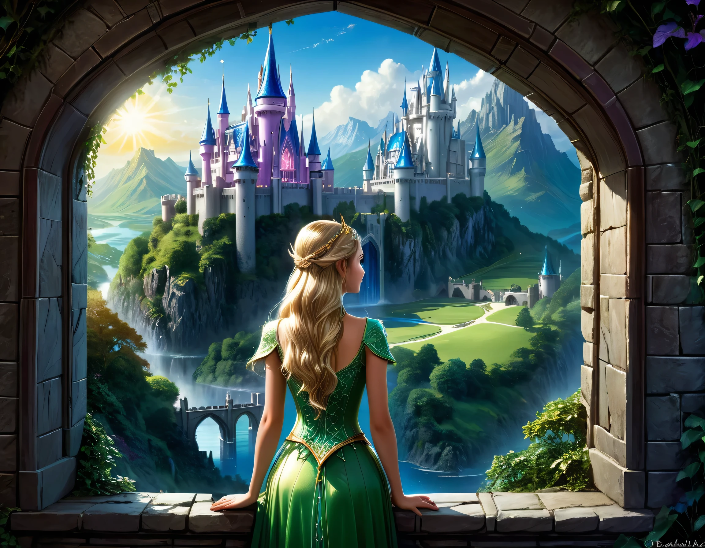 fantasy art, RPG art, a princess looking through her window at a magical castle, a beautiful elven princess looking through her window to see a magical castle, an impressive best detailed castle, with towers, bridges, a moat, standing on top of a mountain colouredglazecd_xl