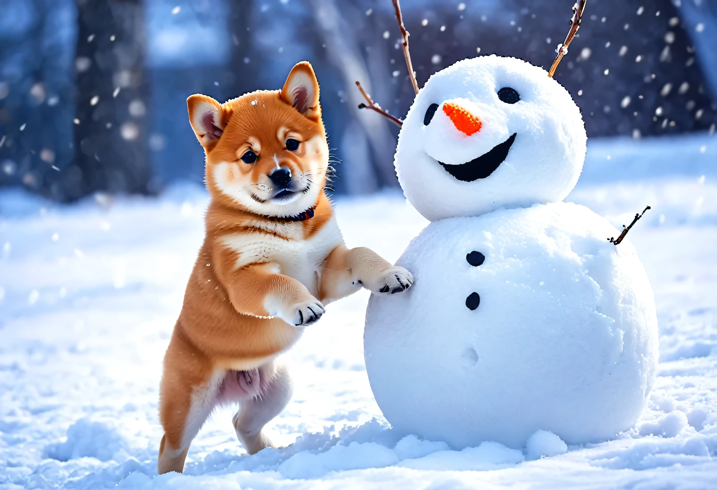 Shiba Inu puppy playing with a snowman in the snow,Colorful HD images,Beautiful Art UHD 4K,Vibrant and realistic colors,８ｋhigh quality detailed art