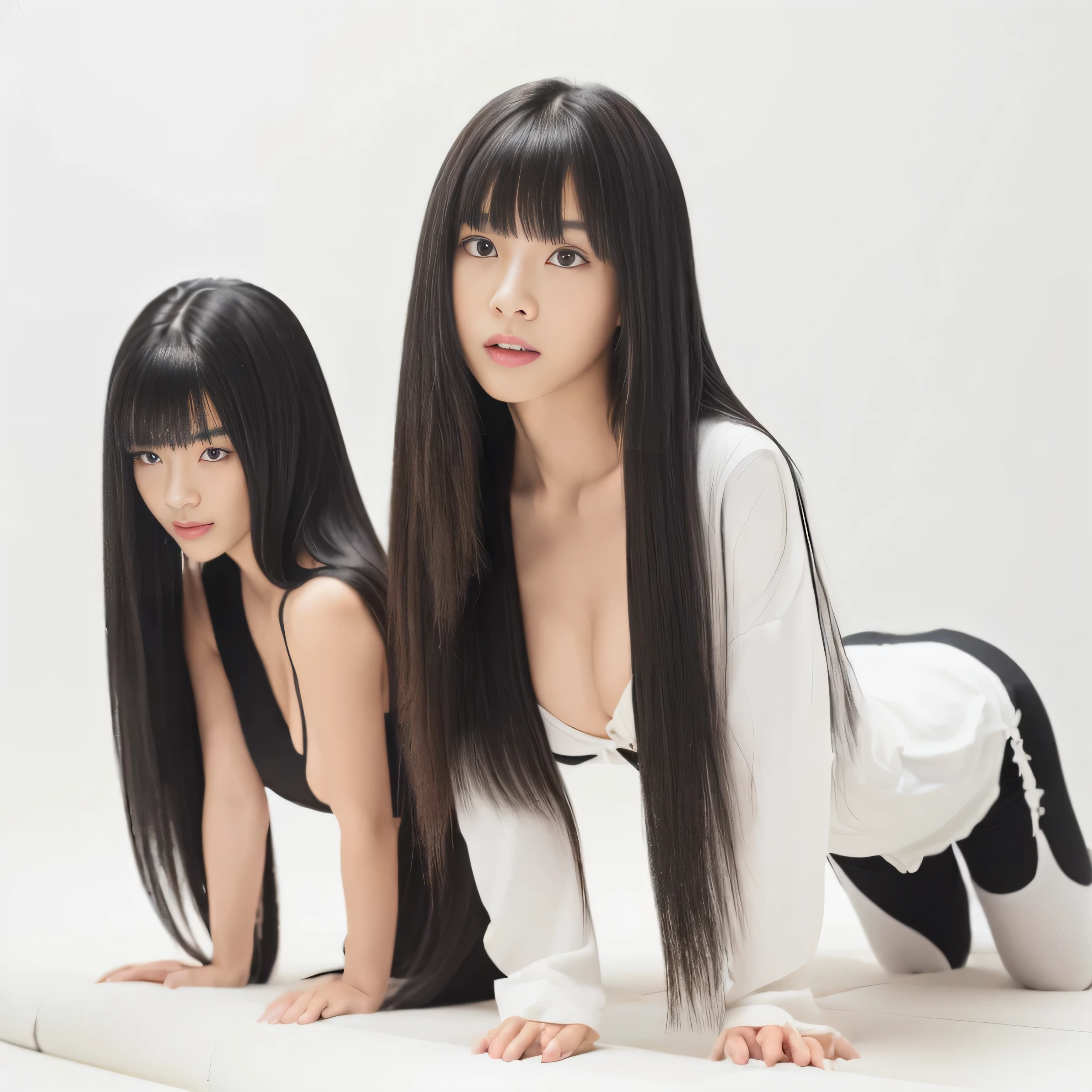 (Two identical twin hair models in the same space, Take a random four-legged pose:2.0) ((Two people taking random poses on all fours:2.0)) (The two are identical clones:1.It is 5, Wearing a random colored camisole) ((The two of them try to show off as much hair as possible, Take the same four-legged pose:1.6)) ((Beautiful 24-year-old hair model with long black hair, girl with super length Hair, extremely length Hair, extra length Hair, very long, Flowing Hair, very length Hair, length Hair girl, very long, Flowing black hair, length Hair windy, Very long black hair, length, Flowing Hair,Incredibly long-lasting hair, length Hair!!!! Her highest quality hair is long and straight., very long, highest quality black hair, length hair in the center, Highest quality long straight hair, length, straight, beautiful, High quality hair, length and free black highest quality straight hair, length Hair, length and straight, highest quality black hair, Perfect silky straight hair of the highest quality, straight, highest quality black hair, length black straight hair, length, Thin black hair Her hair is long and straight, very long black hair, length hair in the center, length straight hair, length, straight, beautiful hair of the highest quality, length Hair, length, straight black hair, length and free straight black hair, straight black hair)) (Her bangs are perfect.:1.3) (Pure white wall background:1.8) (Japan's most sexy and beautiful 18-year-old beauty model) (She looks at the viewer with a very seductive expression...) ((highest quality)), ((masterpiece)), (Familiar) (Get used to it) Perfect Face (Her skin is a typical Japanese skin color....、And very detailed) (Big Breasts:1.3) (She has a beautiful face and a typical Japanese figure...., Narrow eyes) (She has perfect beautiful makeup and face Lipstick is light red A solid eyeliner) ((Rich 1.4)) (Extremely detailed 8K) (Ultra-fine skin texture 1.4) (Actual, Vibrant:1.4), double eyelid Sharp focus:1.2、Beautiful woman:1.4 Dynamic Lighting (Genuine RAW photos taken by professional photographers) Professional Hair Shine. (She has a bright and cheerful face) (((途方もなくlengthBlack hair 1.3))) (length, Shiny black hair, その女性はlengthBlack hairをしている, lengthBlack hair, Waist-length hair, very lengthBlack hair, thick shining black hair, black silky hair, length and shiny hair, lengthBlack hair, length, Flat Hair Ridiculously long hair, Black shiny hair, Very shiny, Abnormally long hair, 厚く輝く異常にlengthBlack hair,Jet black silky hair Her hair is とてもlength and straight length, Voluminous black hair that reaches down to her ankles unusually long black hair, unusually long black hair, Very long black hair) (Her face is slim and dignified.., length, Narrow eyes..々Nice face) (They're both wearing the same white lingerie:1.5)