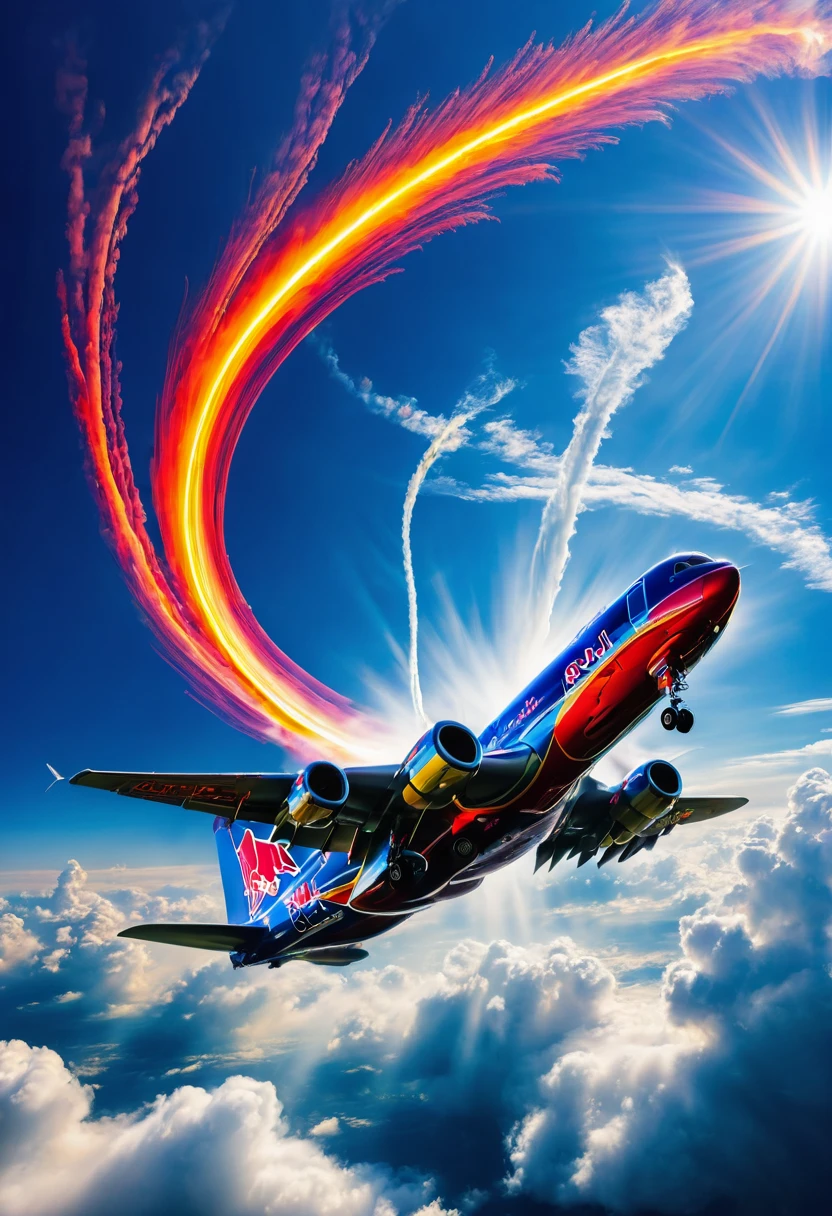 The picture shows a dynamically flying Red Bull Air Raicer looping and trailing  vapour trails, cloudy, sunny, blue sky, backlight, glistening light, 