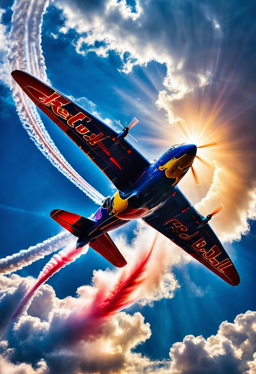 The picture shows a dynamically flying Red Bull Air Raicer looping and trailing  vapour trails, cloudy, sunny, blue sky, backlight, glistening light, 