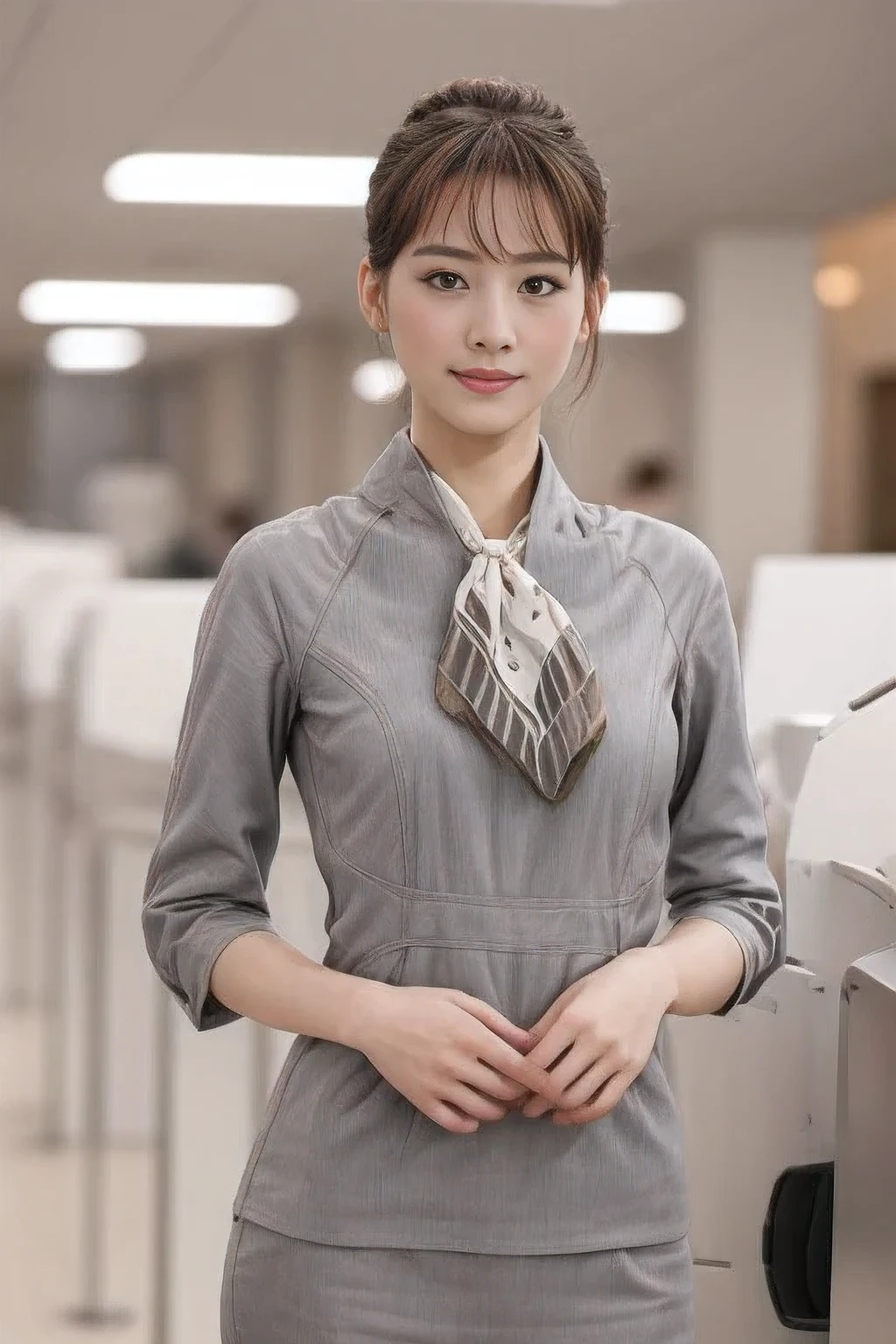 (masterpiece:1.2、highest quality:1.2)、32K HDR、High resolution、(alone、1 girl、Slim figure)、（Realistic style with Starlux Airlines uniform）、 (In the airport lounge, Professional Lighting)、（Starlux Airlines silver uniform:1.4）、（Starlux Airlines silver uniform with short sleeves）、（scarf on chest）、Big Breasts、（Long hair updo、Evening updo）、Dark brown hair、Long Shot、（（Fine hand：2.0））、（（Harmonious body proportions：1.5））、（（Normal limbs：2.0））、（（Normal finger：2.0））、（（Delicate eyes：2.0））、（（Normal eyes：2.0））)、Beautiful standing posture