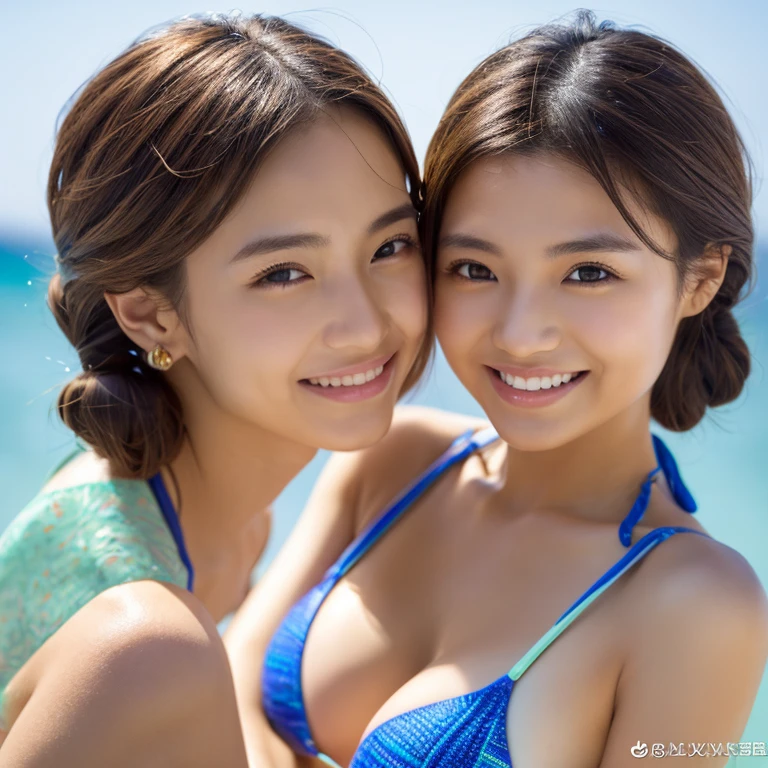 (A close-up selfie photo of two Japanese idols), 18-years-old, (Standing closely), in the sea, (at night), (Both smiling), (Both looking at the camera), best quality, masterpiece, (Wearing beige sheer lace transparent embroidered school-swimsuit), (((Double eyelids))), Bangs down, earrings, ((Big beady eyes)), ((Both topless nudists)), ((Both exposing breasts)), ((Sweating soaked skin))