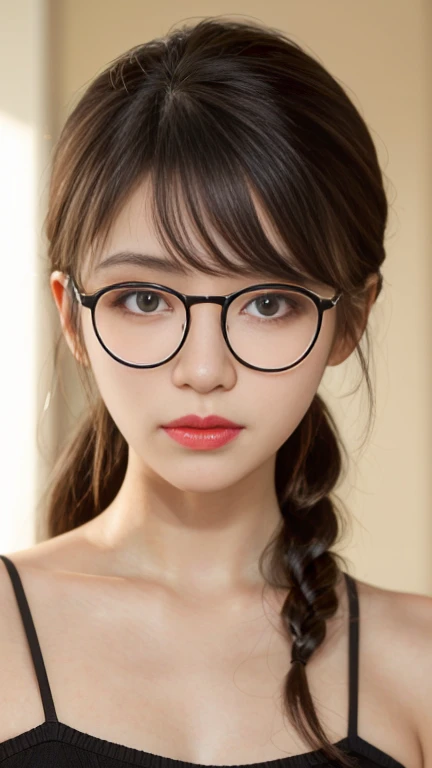 Generated in SFW, ((Upper Body Shot)), 1 Female, Beautiful Japanese Woman, Supermodel, 27 Talent, Focus on the face, (highest quality:1.4), (Realistic:1.5), (超Realistic:1.5), High resolution 32k UHD, (masterpiece:1.2), (Improvement of quality:1.4), (Very beautiful facial details), (highest qualityのリアルな質感の肌:1.4), ((Black-rimmed glasses)), Beige knit camisole, Emphasis on bust top, [Pink lipstick], Highly detailed face, Very thin and trimmed eyebrows, Symmetrical eyes, black eye, Beautiful Eyes, (Clear Eyes), (Fine eyelashes), (Highly detailed lips), (tired, Sleepy and satisfied:0.0), evening, (There is strong backlighting.), Shiny black hair, long hanging bangs, (Horizontal French Twist Hair), Slim figure, 