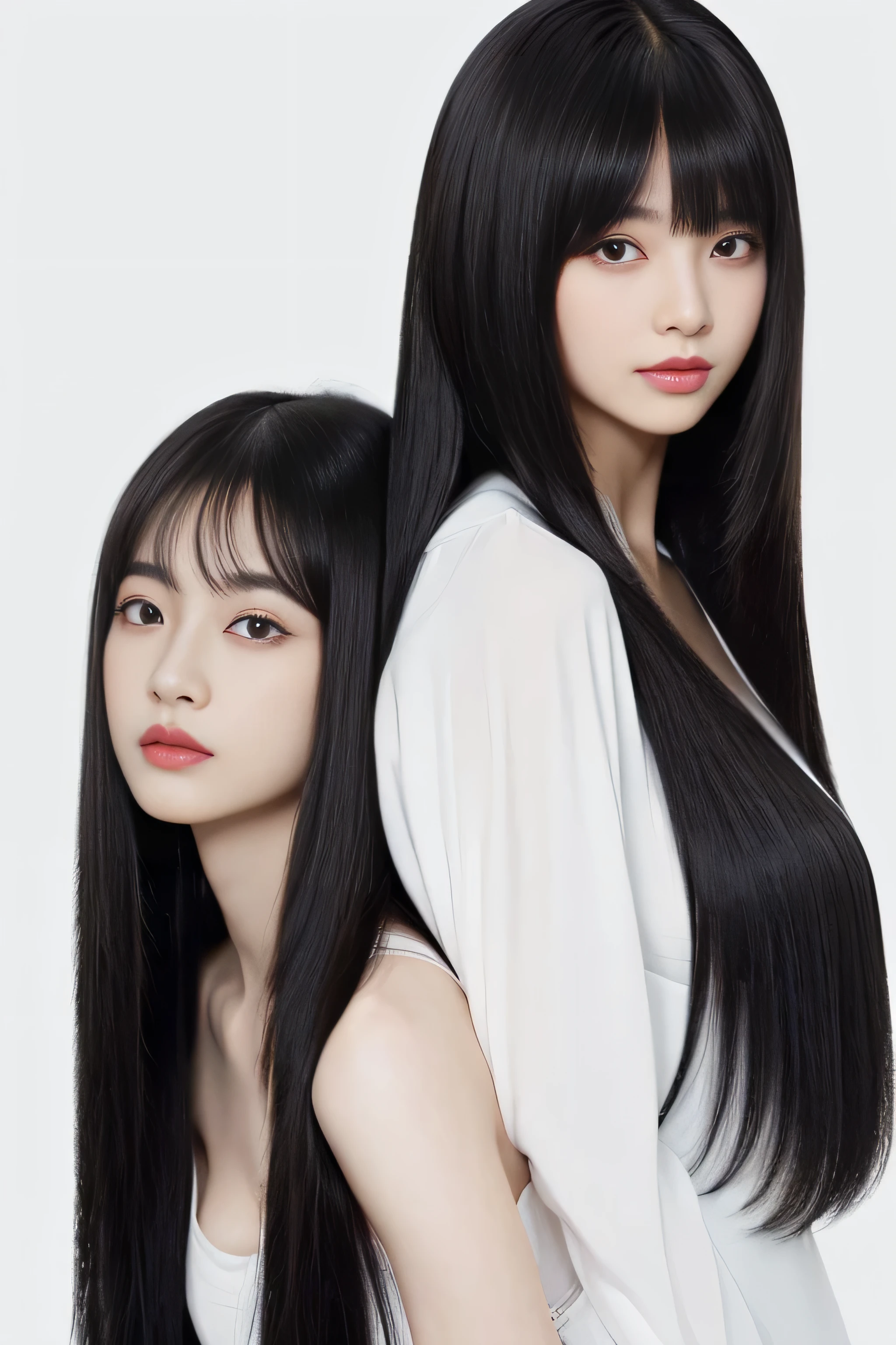 (Two identical twin hair models in the same space, Take the same four-legged pause:1.6)　((Take the same four-legged pause二人, Shooting from the same angle:2.0))　(The two are identical clones, Wearing the same clothes, Pause, Hairstyle, and appearance.:1.5)　((The two of them try to show off as much hair as possible, Take the same four-legged pause:1.6))　((Beautiful 24-year-old hair model with long black hair, girl with super length Hair, extremely length Hair, extra length Hair, very long, Flowing Hair, very length Hair, length Hair girl, very long, Flowing black hair, length Hair windy, Very long black hair, length, Flowing Hair,Incredibly long-lasting hair, length Hair!!!!　Her highest quality hair is long and straight., very long, highest quality black hair, length hair in the center, Highest quality long straight hair, length, straight, beautiful, High quality hair, length and free black highest quality straight hair, length Hair, length and straight, highest quality black hair, Perfect silky straight hair of the highest quality, straight, highest quality black hair, length black straight hair, length, Thin black hair　Her hair is long and straight, very long black hair, length hair in the center, length straight hair, length, straight, beautiful hair of the highest quality, length Hair, length, straight black hair, length and free straight black hair, straight black hair))　(Her bangs are perfect.:1.3)　(Pure white wall background:1.8)　(Japan&#39;s most sexy and beautiful 24-year-old beauty model)　(She looks at the viewer with a very seductive expression...)　((highest quality)), ((masterpiece)), (Familiar)　(Get used to it)　Perfect Face　　(Her skin is a typical Japanese skin color....、And very detailed)　　(Big Breasts:1.3)　(She has a beautiful face and a typical Japanese figure...., Narrow eyes)　(She has perfect beautiful makeup and face　Lipstick is light red　A solid eyeliner)　((Rich 1.4))　(Extremely detailed 8K)　(Ultra-fine skin texture 1.4)　(Actual, Vibrant:1.4), double eyelid　Sharp focus:1.2、Beautiful woman:1.4　Dynamic Lighting　(Genuine RAW photos taken by professional photographers)　　Professional Hair Shine.　(She has a bright and cheerful face)　　(((途方もなくlengthBlack hair 1.3)))　(length, Shiny black hair, その女性はlengthBlack hairをしている, lengthBlack hair, Waist-length hair, very lengthBlack hair, thick shining black hair, black silky hair, length and shiny hair, lengthBlack hair, length, Flat Hair　Ridiculously long hair, Black shiny hair, Very shiny, Abnormally long hair, 厚く輝く異常にlengthBlack hair,Jet black silky hair　Her hair is とてもlength and straight　length, Voluminous black hair that reaches down to her ankles　unusually long black hair, unusually long black hair, Very long black hair)　(Her face is slim and dignified.., length, Narrow eyes..々Nice face)　(They&#39;re both wearing the same white lingerie:1.5)