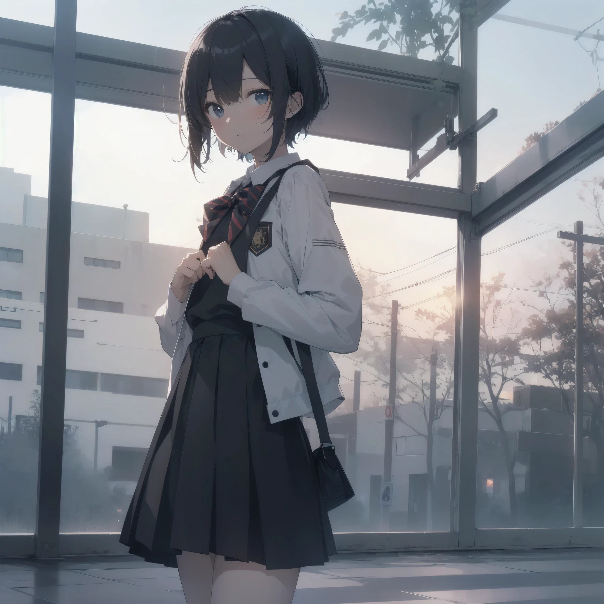 ultra-absurdres-Top quality by artist God, ultra-detailed, high resolution, anime moe artstyle, best anime 8k konachan wallpaper, pixiv contest winner, pool:2810, perfect anatomy,break, 1girl, (Please draw a girl walking sleepily to school alone. )break,(Solo,little female, 13-year-old:1.3),Full limbs, complete fingers,a junior high school student,  (very short hair), short cut, flat chest, , small butt, small black eyes, beautiful detailed eyes, well-proportioned iris and pupils, expressive eyes, highres detailed hair, soft expression, school_uniform, bowtie, collared shirt.  pleated skirt,(Detailed Lighting), (Detailed background), in the School commute route. break,super detailed skin, Best cinematic lighting powered by famous artist, 8k,beauty illustration,photoshop_(medium),very aesthetic,break,((artist:beni_shake )), artist:bolze ,artist:oyari ashito ,artist:kantoku ,