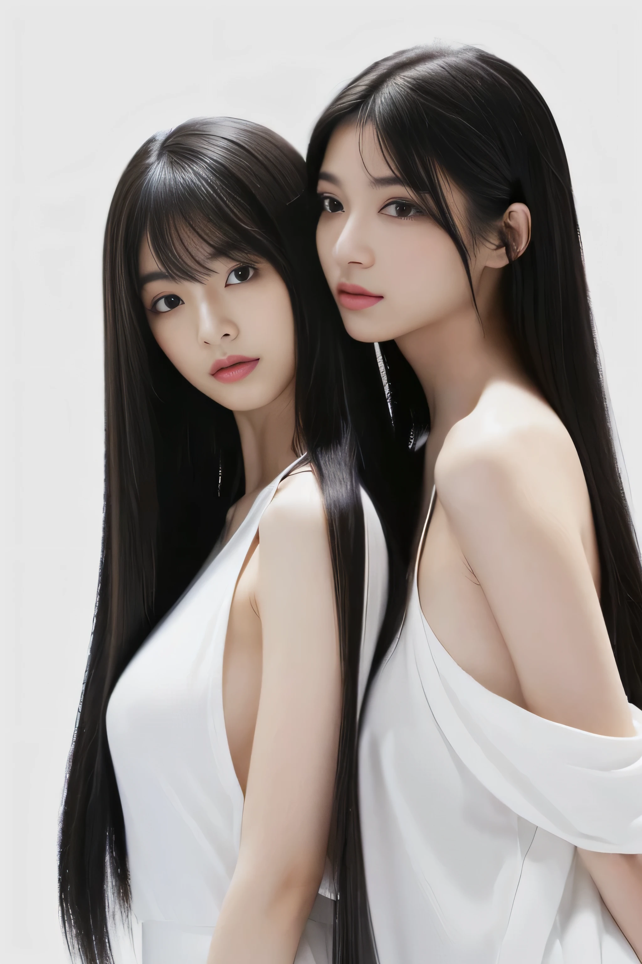 (Two identical twin hair models in the same space, Take the same four-legged pause:1.6)　((Take the same four-legged pause二人, Shooting from the same angle:2.0))　(The two are identical clones, Wearing the same clothes, Pause, Hairstyle, and appearance.:1.5)　((The two of them try to show off as much hair as possible, Take the same four-legged pause:1.6))　((Beautiful 24-year-old hair model with long black hair, girl with super length Hair, extremely length Hair, extra length Hair, very long, Flowing Hair, very length Hair, length Hair girl, very long, Flowing black hair, length Hair windy, Very long black hair, length, Flowing Hair,Incredibly long-lasting hair, length Hair!!!!　Her highest quality hair is long and straight., very long, highest quality black hair, length hair in the center, Highest quality long straight hair, length, straight, beautiful, High quality hair, length and free black highest quality straight hair, length Hair, length and straight, highest quality black hair, Perfect silky straight hair of the highest quality, straight, highest quality black hair, length black straight hair, length, Thin black hair　Her hair is long and straight, very long black hair, length hair in the center, length straight hair, length, straight, beautiful hair of the highest quality, length Hair, length, straight black hair, length and free straight black hair, straight black hair))　(Her bangs are perfect.:1.3)　(Pure white wall background:1.8)　(Japan&#39;s most sexy and beautiful 24-year-old beauty model)　(She looks at the viewer with a very seductive expression...)　((highest quality)), ((masterpiece)), (Familiar)　(Get used to it)　Perfect Face　　(Her skin is a typical Japanese skin color....、And very detailed)　　(Big Breasts:1.3)　(She has a beautiful face and a typical Japanese figure...., Narrow eyes)　(She has perfect beautiful makeup and face　Lipstick is light red　A solid eyeliner)　((Rich 1.4))　(Extremely detailed 8K)　(Ultra-fine skin texture 1.4)　(Actual, Vibrant:1.4), double eyelid　Sharp focus:1.2、Beautiful woman:1.4　Dynamic Lighting　(Genuine RAW photos taken by professional photographers)　　Professional Hair Shine.　(She has a bright and cheerful face)　　(((途方もなくlengthBlack hair 1.3)))　(length, Shiny black hair, その女性はlengthBlack hairをしている, lengthBlack hair, Waist-length hair, very lengthBlack hair, thick shining black hair, black silky hair, length and shiny hair, lengthBlack hair, length, Flat Hair　Ridiculously long hair, Black shiny hair, Very shiny, Abnormally long hair, 厚く輝く異常にlengthBlack hair,Jet black silky hair　Her hair is とてもlength and straight　length, Voluminous black hair that reaches down to her ankles　unusually long black hair, unusually long black hair, Very long black hair)　(Her face is slim and dignified.., length, Narrow eyes..々Nice face)　(They&#39;re both wearing the same white lingerie:1.5)