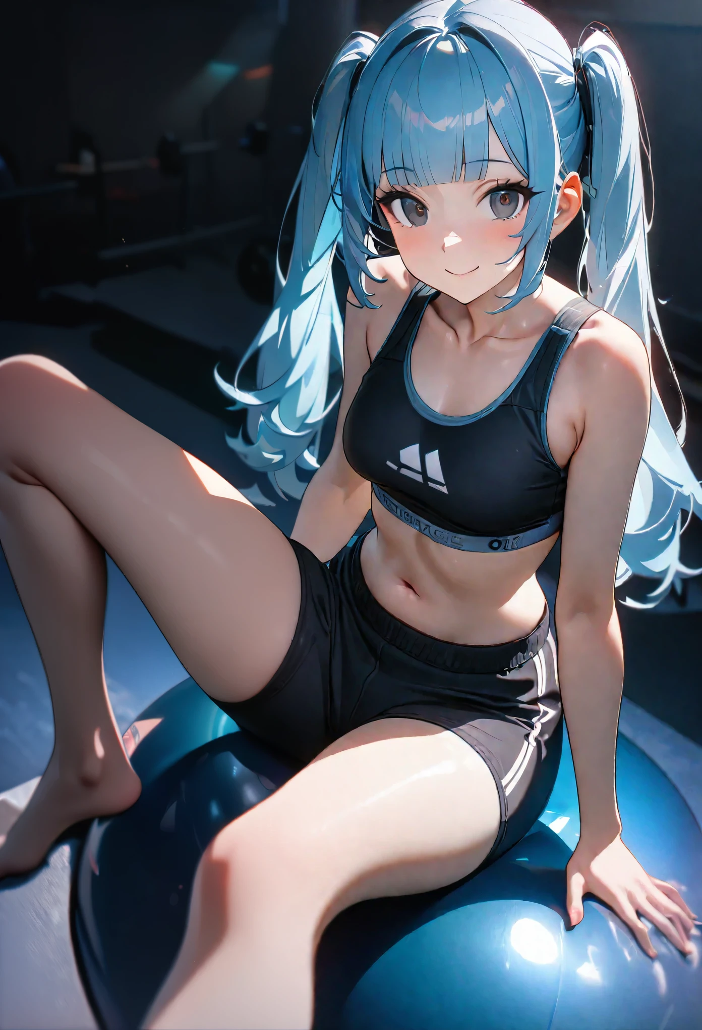 (8K, best quality, master piece: 1.2), super high resolution, 1 girl,16yo,ultra-detailed face, detailed eyes,light blue hair,twintails,blunt bangs,black eyes,smile,barefoot、Sitting on a stability ball with legs apart,Body-fitting sport bra and shorts,pants,Professional Lighting,Engage your audience,Dynamic Angle,gym