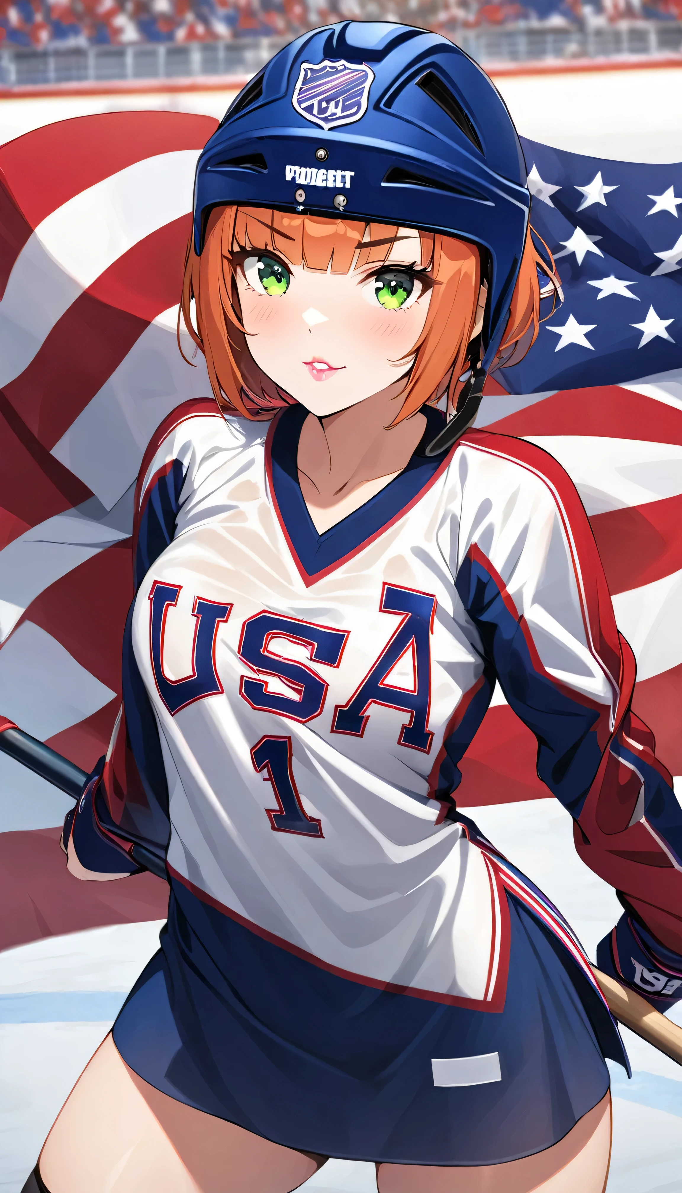 Usa,  ice hockey jersey, hockey helmet,on the ice, hockey stadium, black hair, long perm hairstyle, sexy pose, usa flags, usa color, forehead, brown eyes, sexy attire, 1girl, erotic