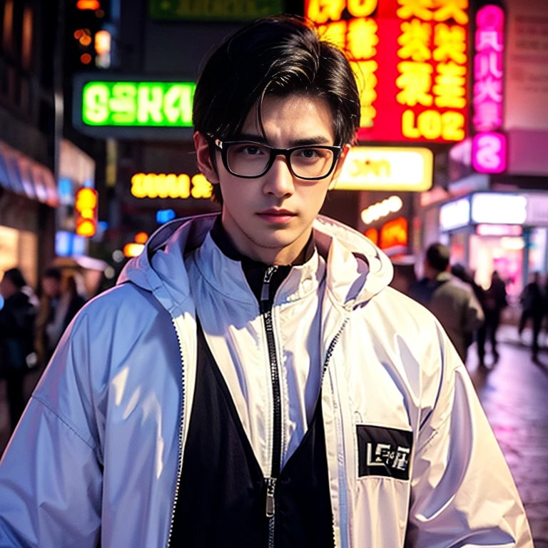 cyberpunk,windbreaker,Handsome man wearing glasses,22 years old handsome man,Cold appearance,with a sneer,Neon City