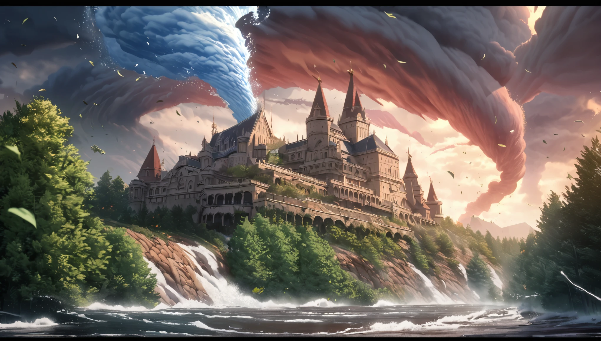  (No People), summer, giant roal fantasy castle with a spherical roof, red, red tiled roof, perfect architecture, rich castle of the queen, catastrophe aestetics, leaves floating in the air, light yellow brick walls, forest arond the castle, big green trees with beautifl leaves, huge tornado aproching the castle, ice tornado near the castle, anime aestetics, catastrophe, perfect tornado shape, strong wind, epic moment, wide shot, from side, highres, best quality, high quality, UHD, masterpiece, 4K, 8k